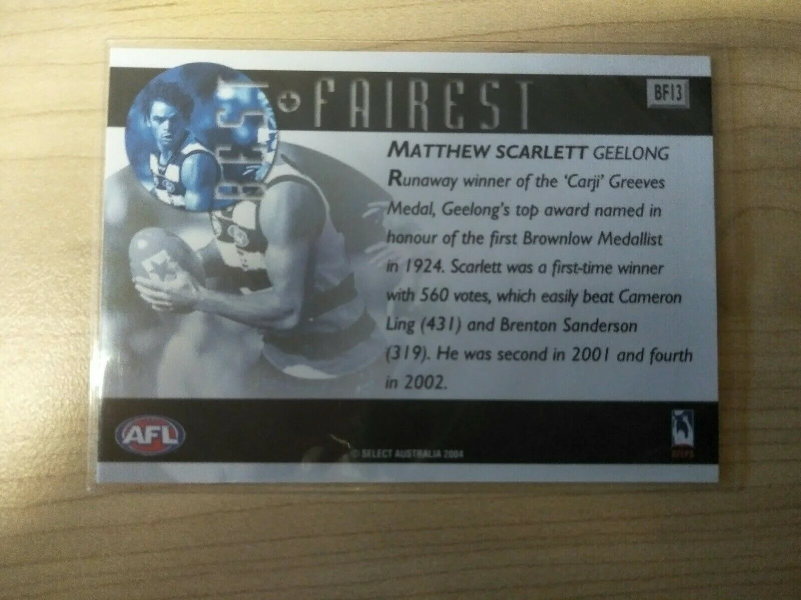 2004 Select AFL Ovation Best & Fairest Card Matthew Scarlett Geelong Cats - Image 2