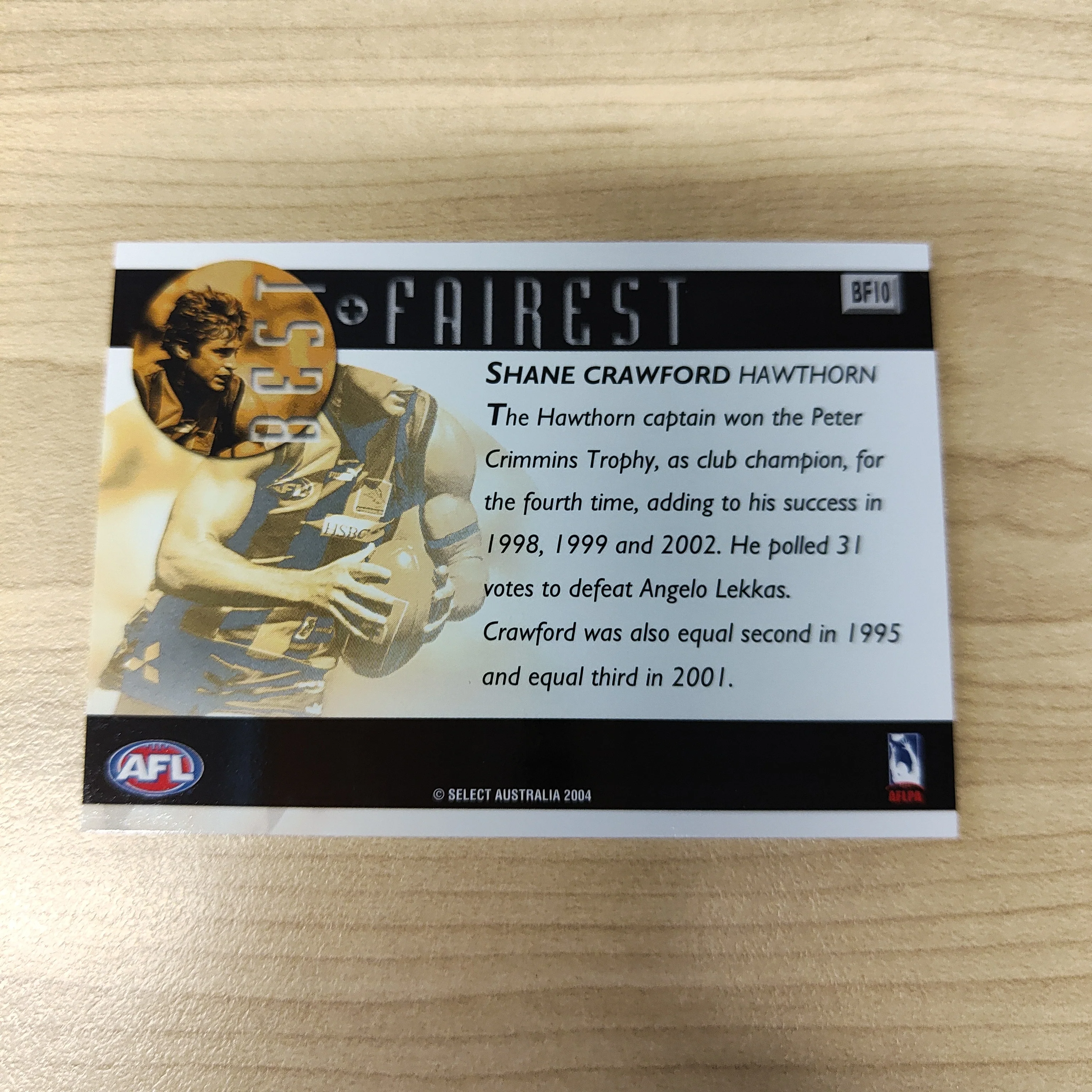 2004 Select AFL Ovation Best & Fairest Card Shane Crawford Hawthorn - Image 2