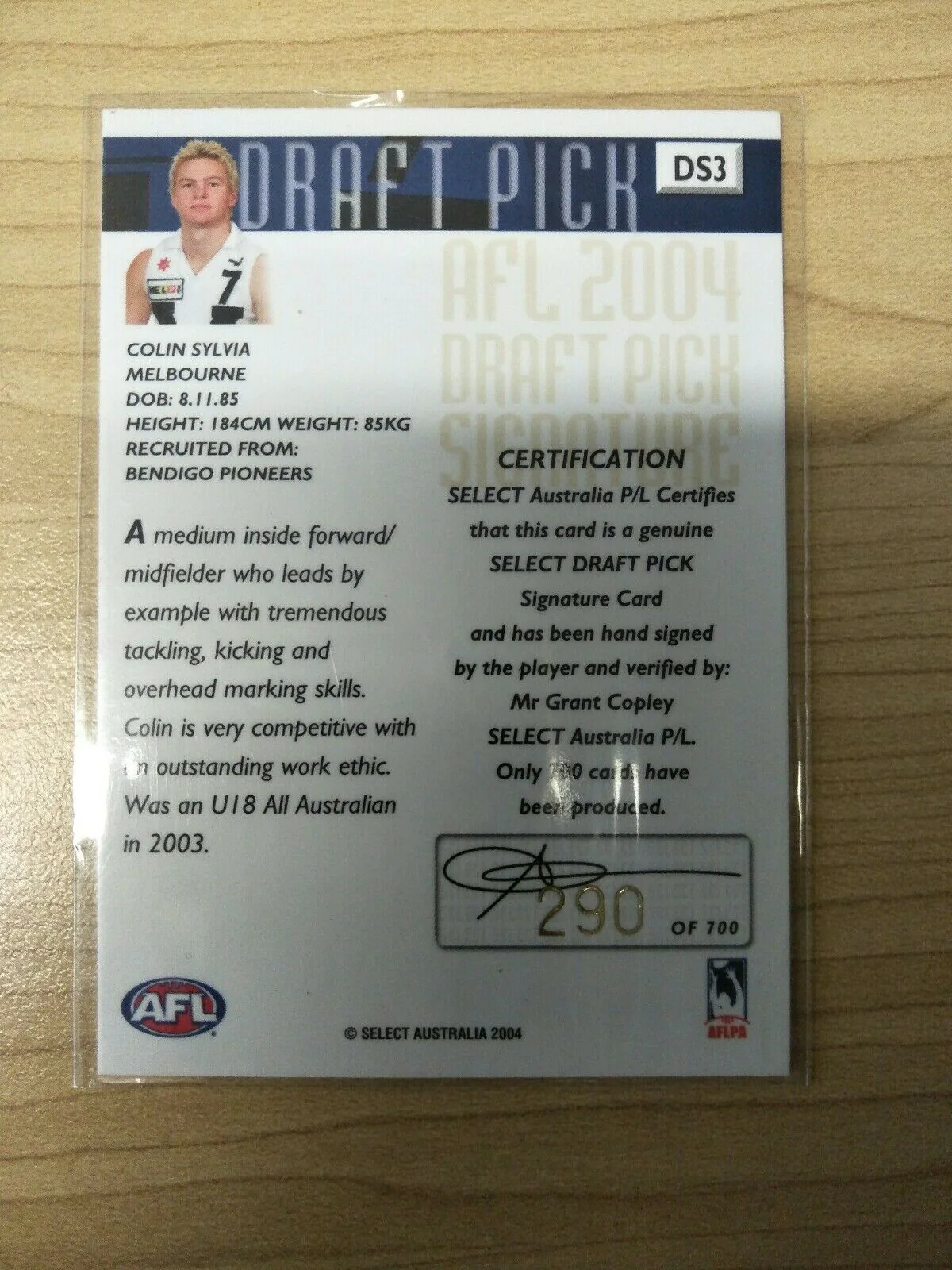 2004 Select Conquest Draft Pick Signature Colin Sylvia Melbourne No. 290/700 - Image 2