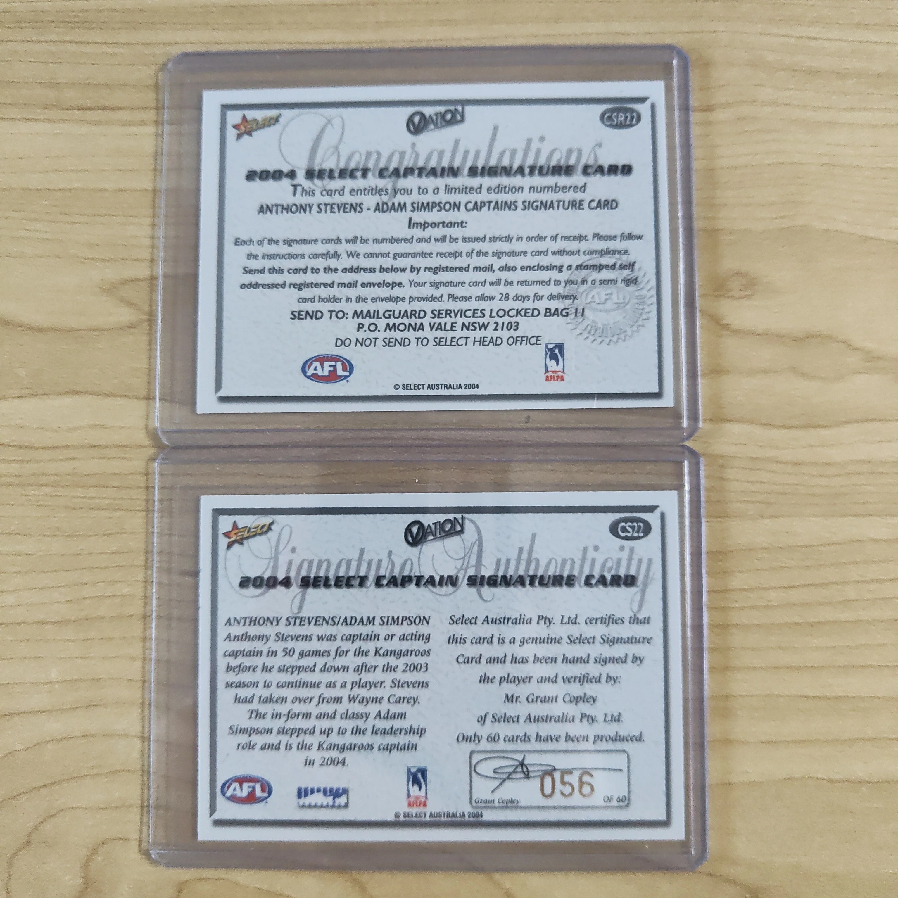 2004 Select Ovation Captain Signature Redemption Card Adam Simpson Anthony Stevens North Melbourne No.056/60 - Image 2