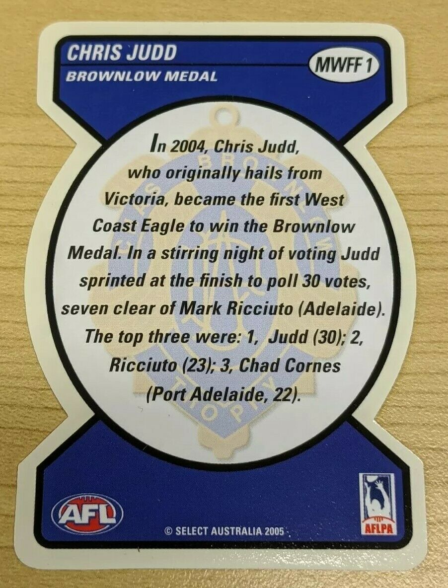 2005 AFL Select Tradition Die Cut Brownlow Medal Chris Judd MWFF1 West Coast - Image 2