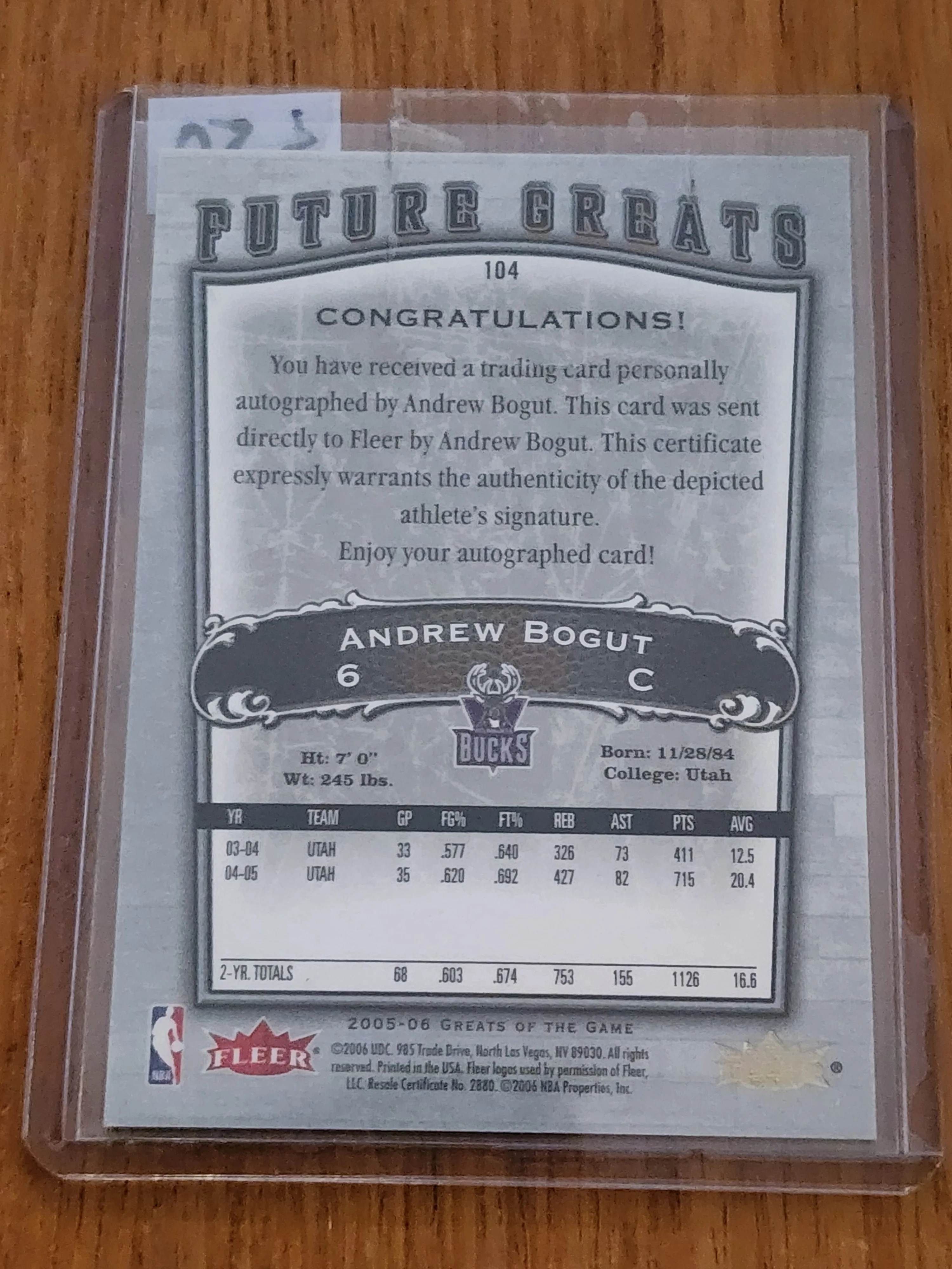 2005 Fleer Greats of the Game Andrew Bogut Rookie Auto 74/99 - Image 2