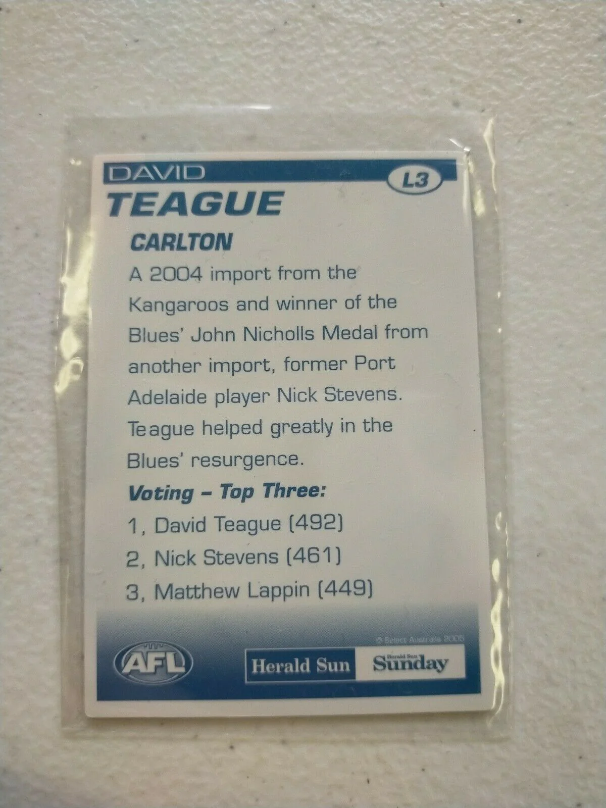 2005 Herald Sun 2D Best & Fairest Card David Teague Carlton - Image 2