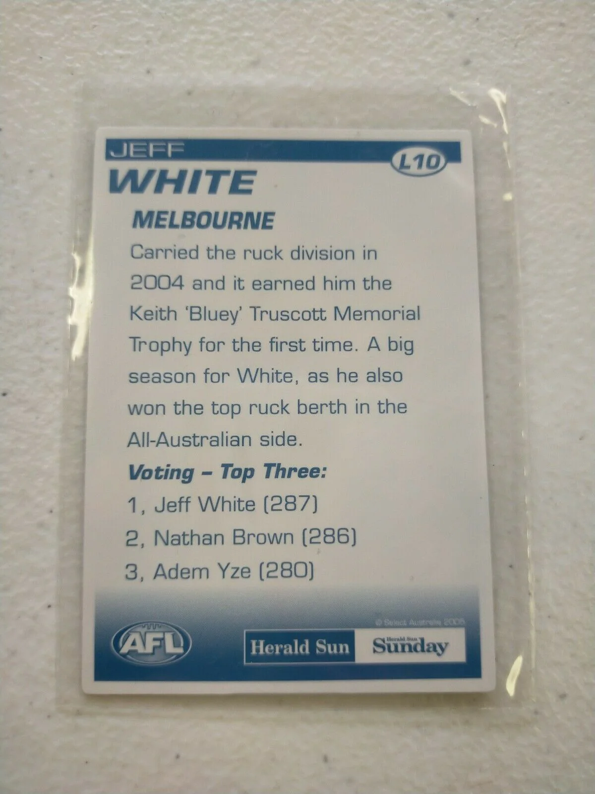 2005 Herald Sun 2D Best & Fairest Card Jeff White Melbourne - Image 2