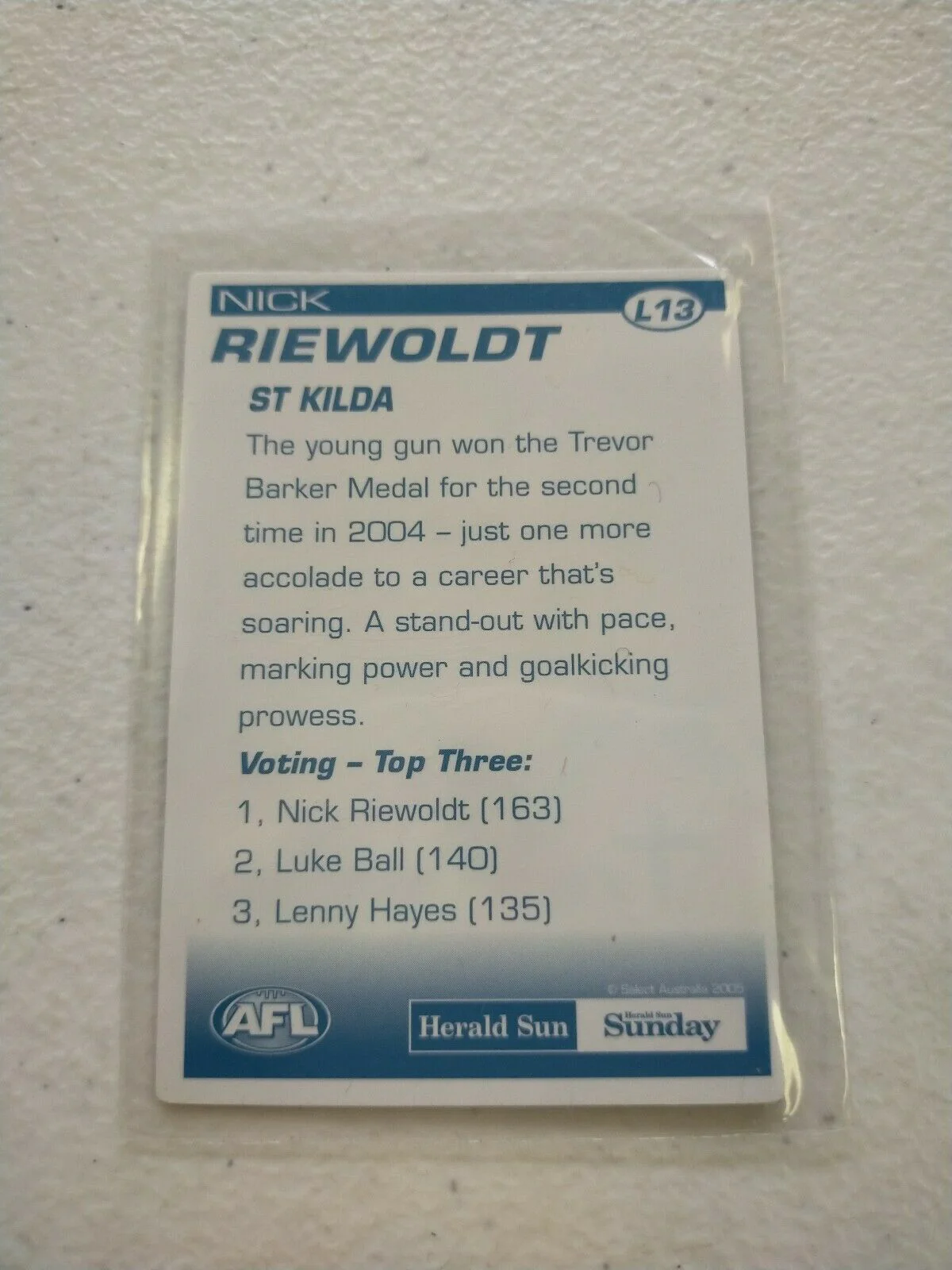 2005 Herald Sun 2D Best & Fairest Card Nick Riewoldt St Kilda - Image 2