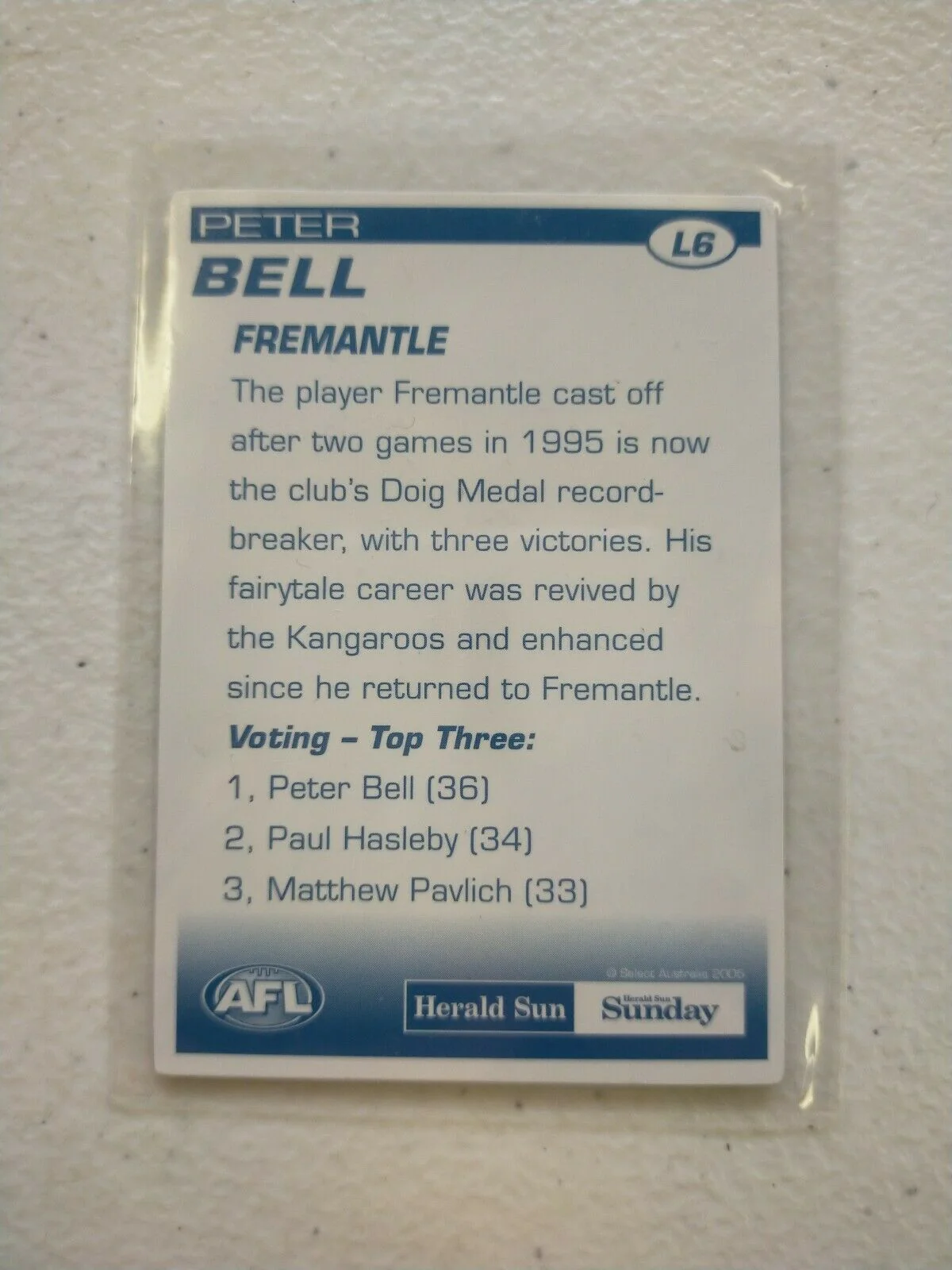 2005 Herald Sun 2D Best & Fairest Card Peter Bell Fremantle - Image 2