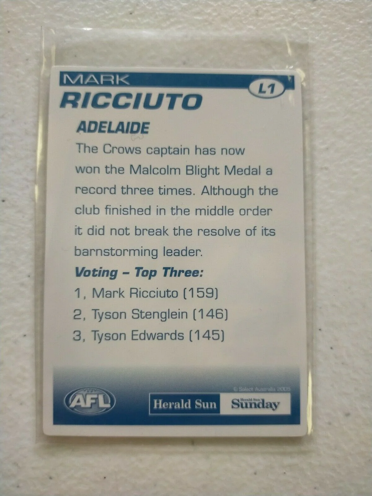 2005 Herald Sun 2D Best & Fairest Mark Ricciuto Card Adelaide - Image 2