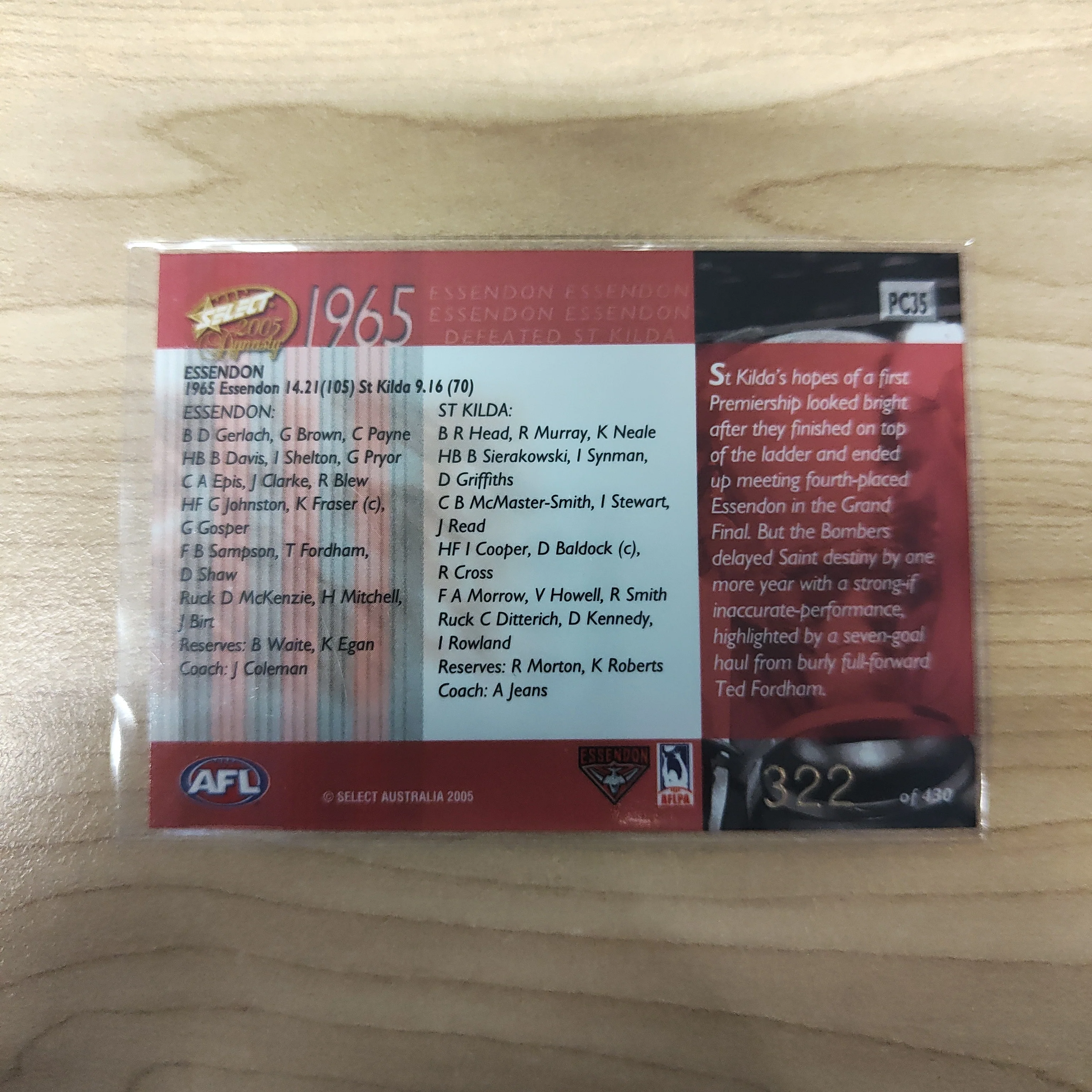 2005 Select Dynasty 1965 Premiership Commemorative Essendon No.322 - Image 2