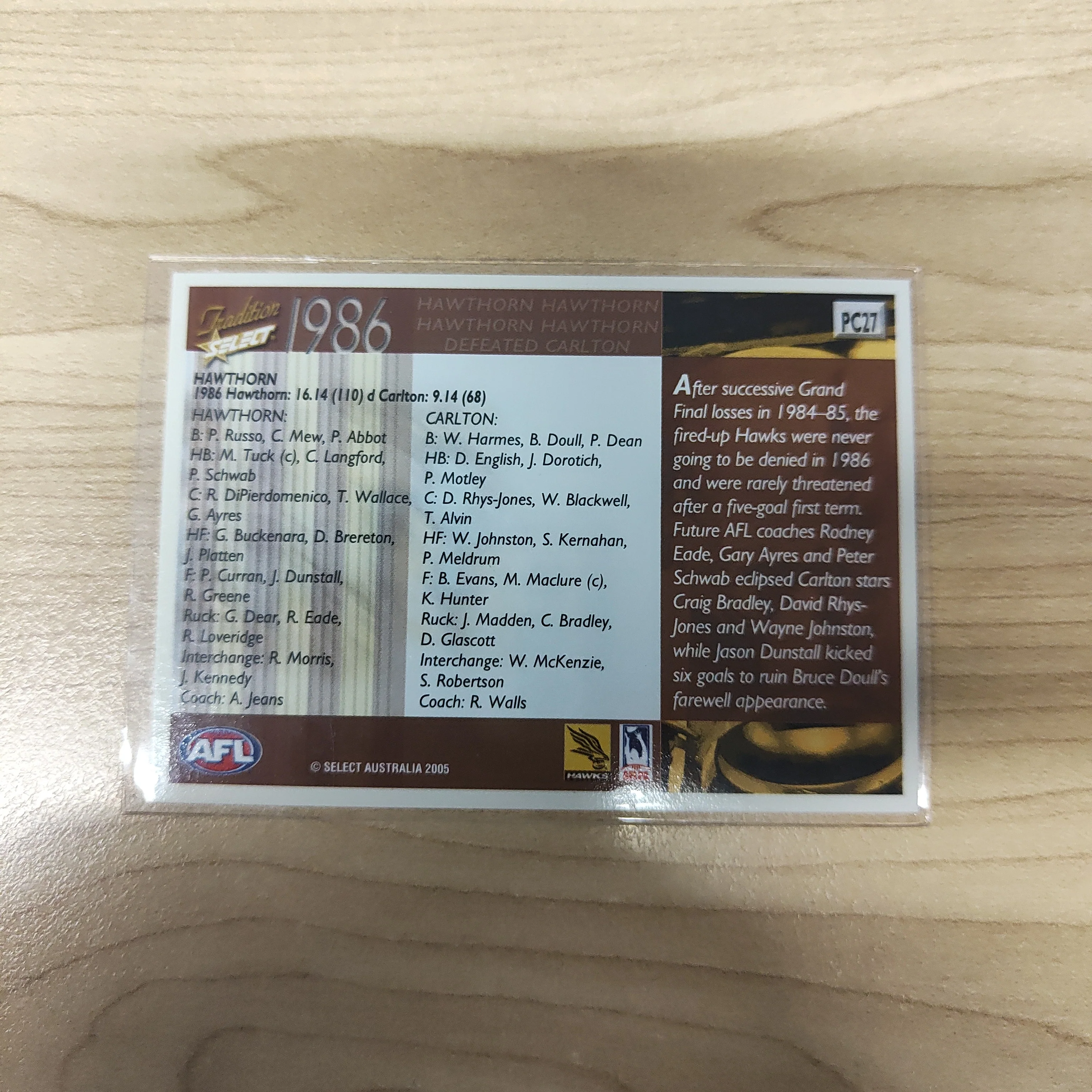 2005 Select Tradition 1986 Premiers Hawthorn - Image 2