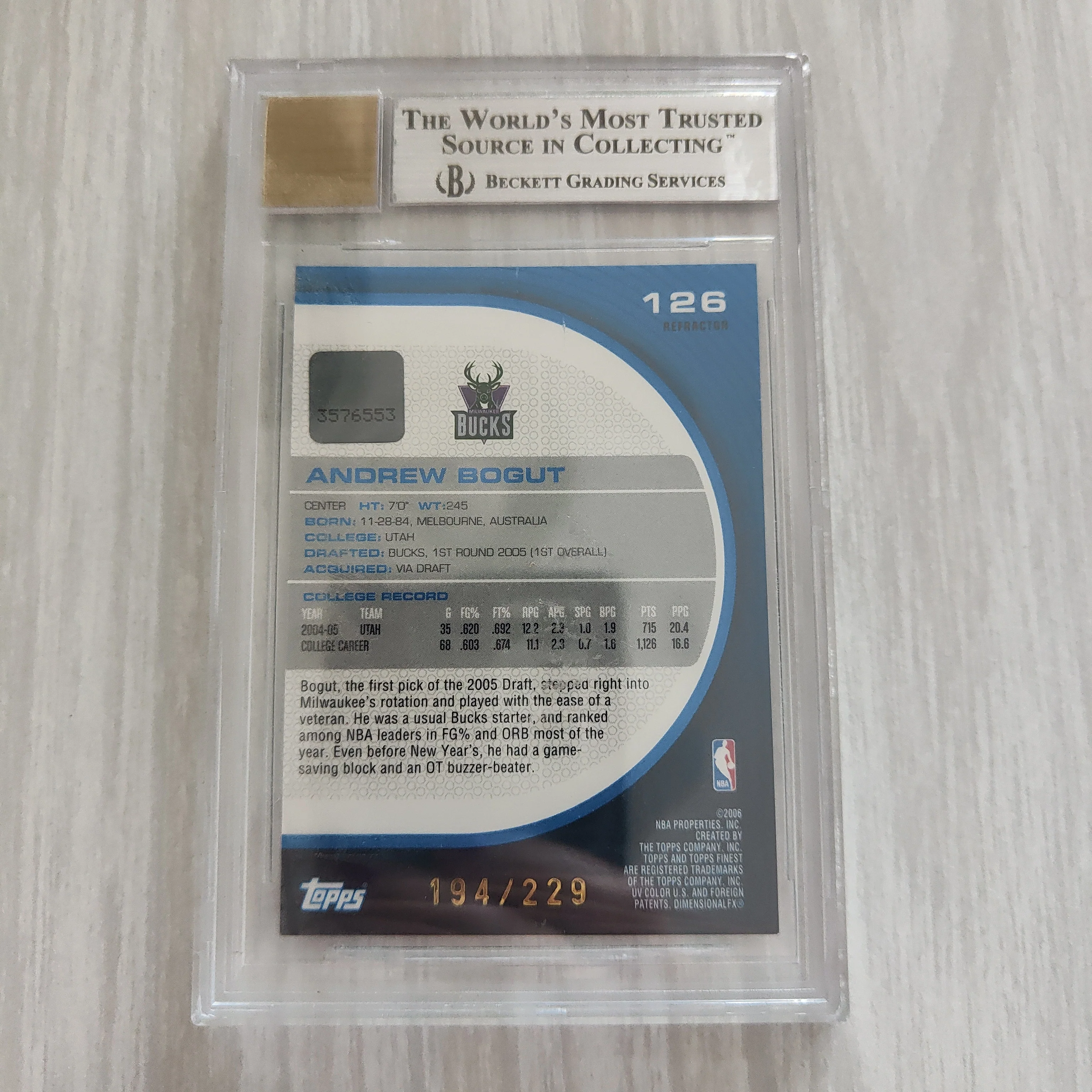 2005 Topps Finest Refractors Andrew Bogut Signature Card BGS Graded Mint 9 NBA Basketball Card 194/229 - Image 2