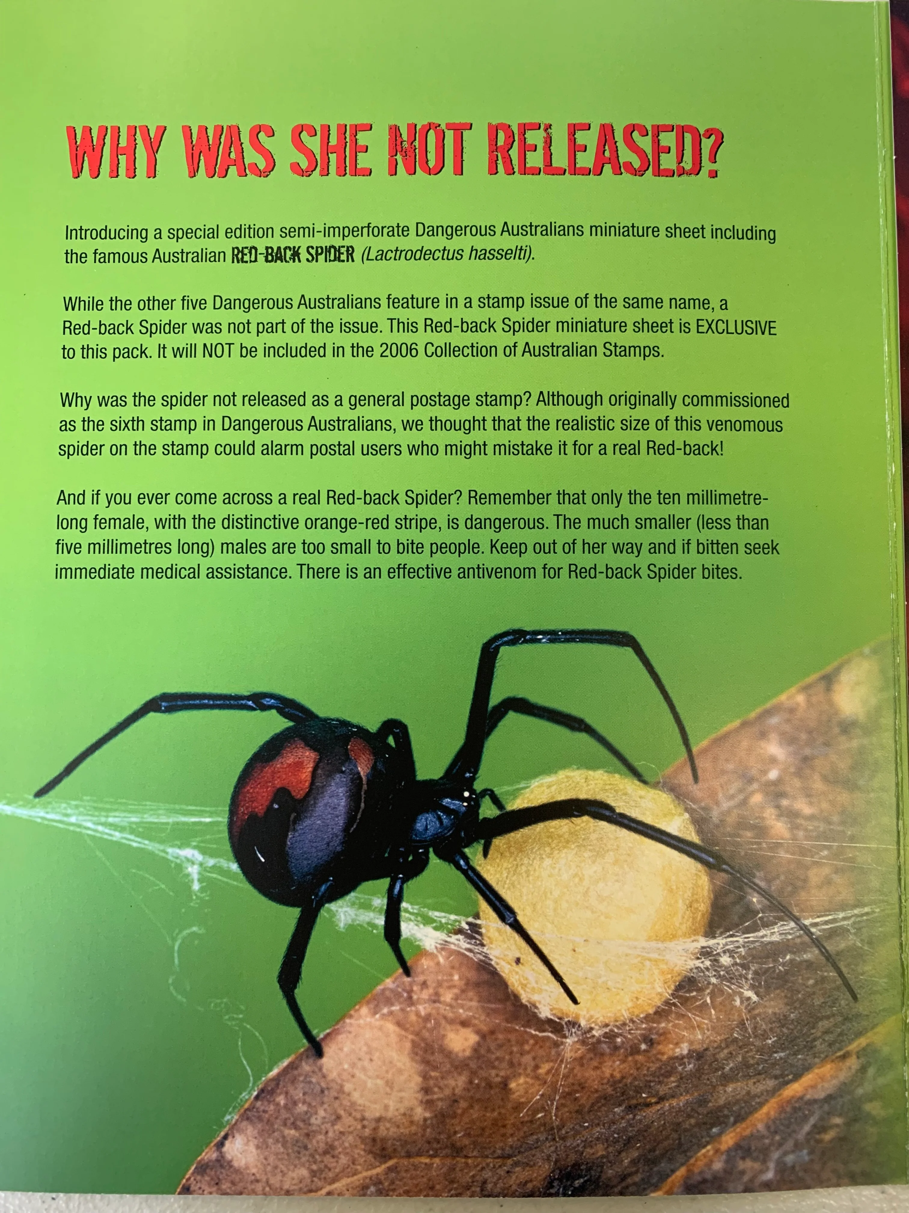 2006 Australia Post Red Back Spider Imperf Miniature Sheet Stamp Pack - Image 2