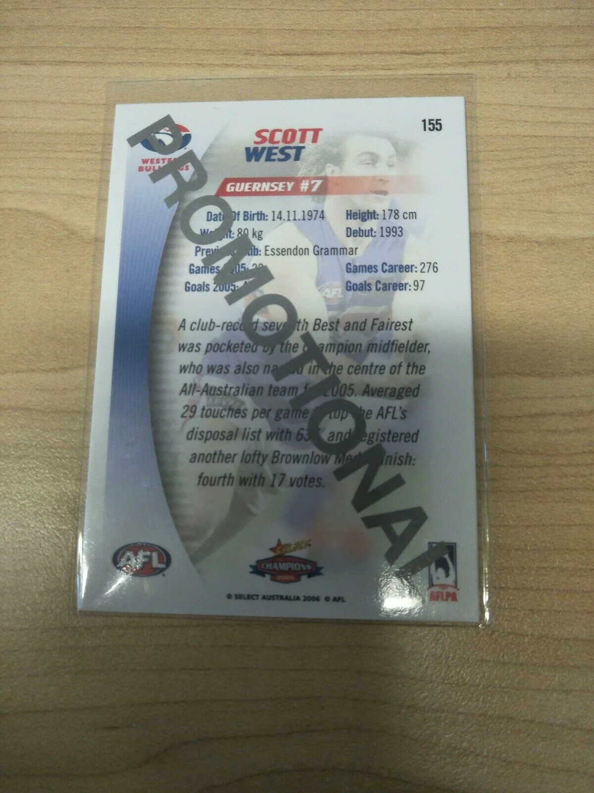 2006 Select AFL Champions Promotional Card Scott West Western Bulldogs - Image 2