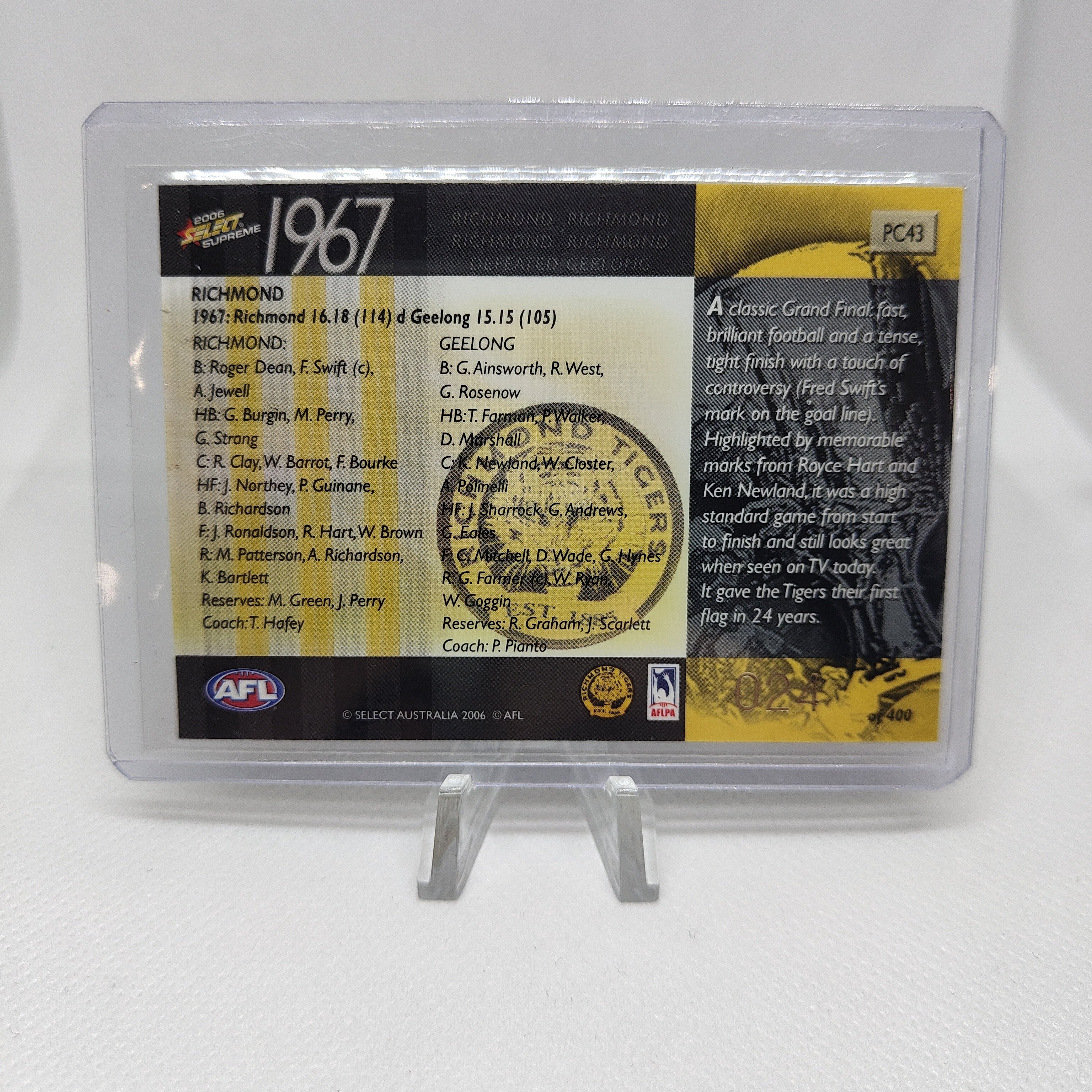 2006 Select Supreme 1967 Premiers Richmond No.24/400 - Image 2