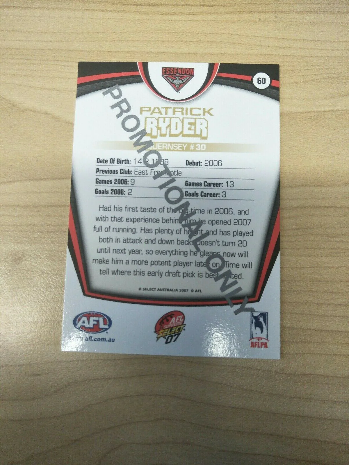 2007 Select AFL Supreme Promotional Card Patrick Ryder Essendon - Image 2