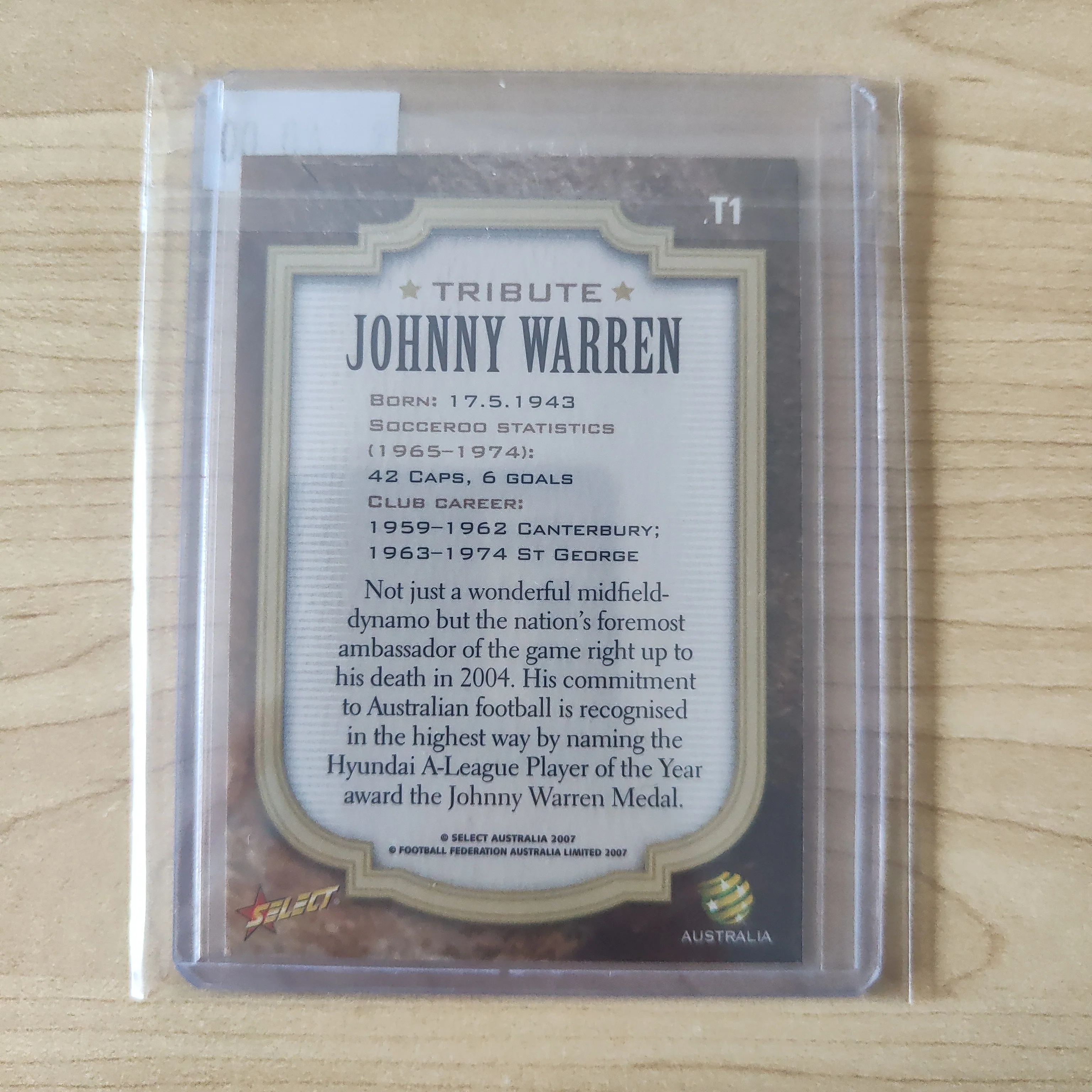 2007 Select Tribute Johnny Warren Soccer Card - Image 2