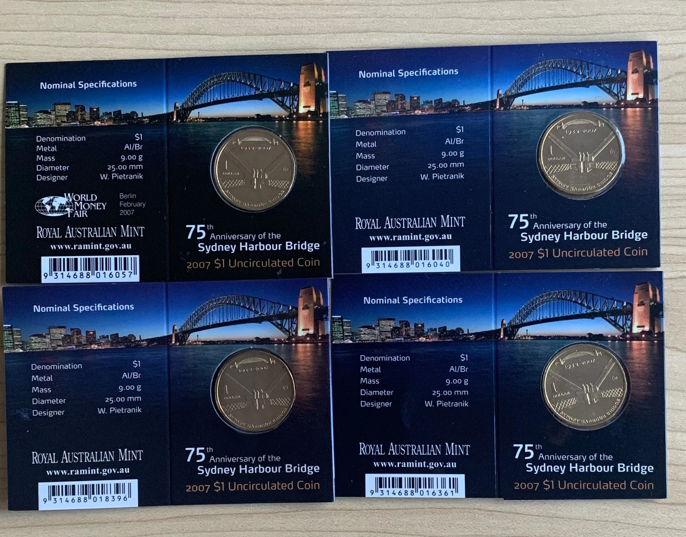 Australia 2007 Royal Australian Mint $1 Sydney Harbour Bridge Coins B, C, M, & S mintmarks in RAM folders - Image 2