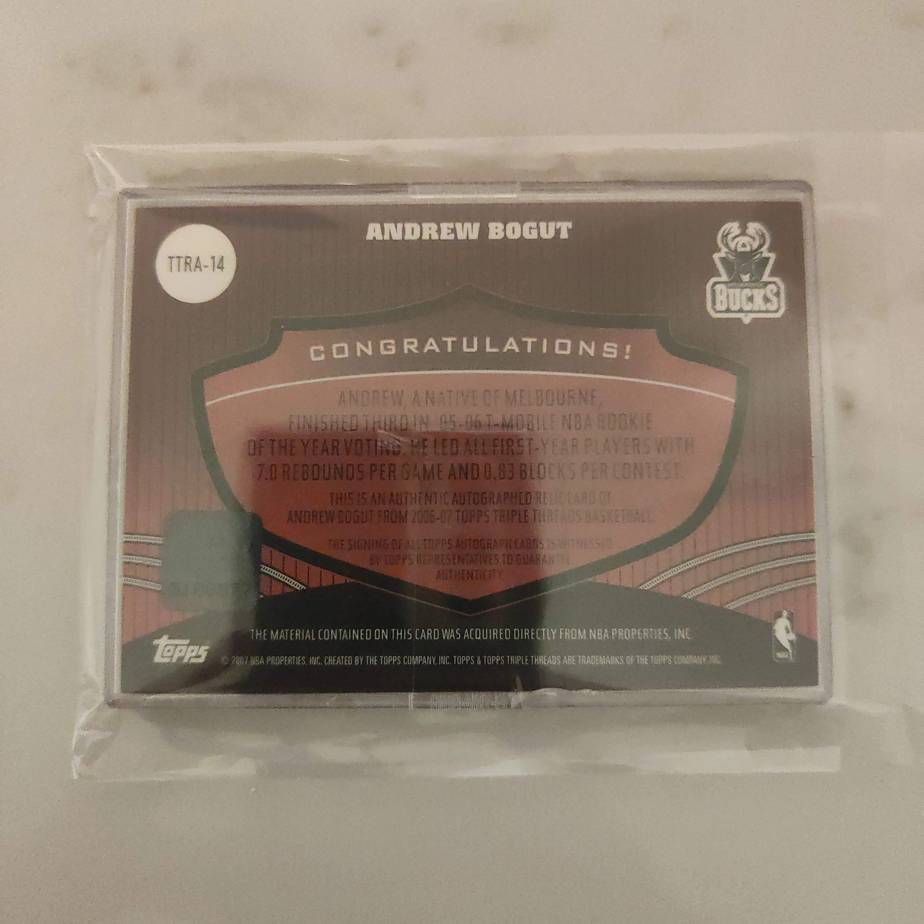 2007 Topps Triple Threads Patch Signature Andrew Bogut NBA Basketball Card 24/36 - Image 2