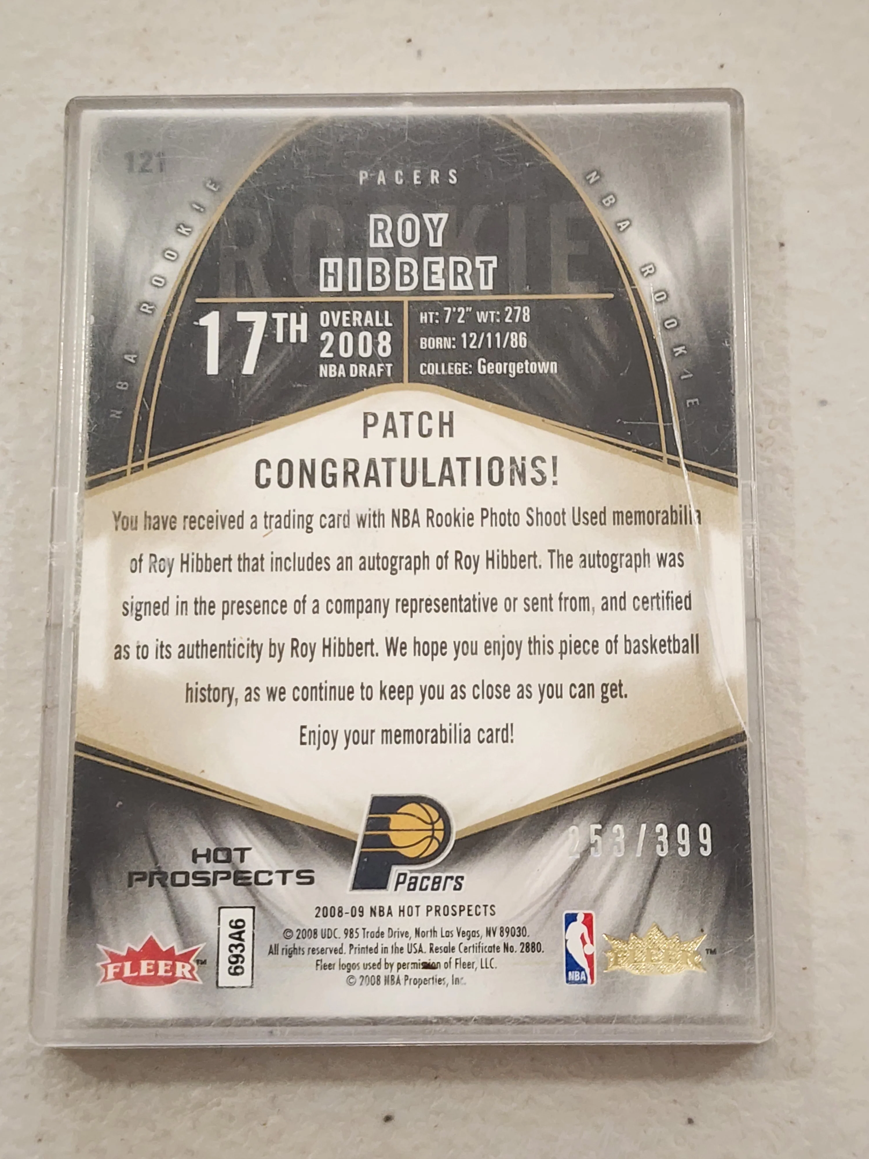 2008-09 NBA Fleer Hot Prospects Gold Roy Hibbert Rookie Auto Signature Patch 253/399 Pacers - Image 2