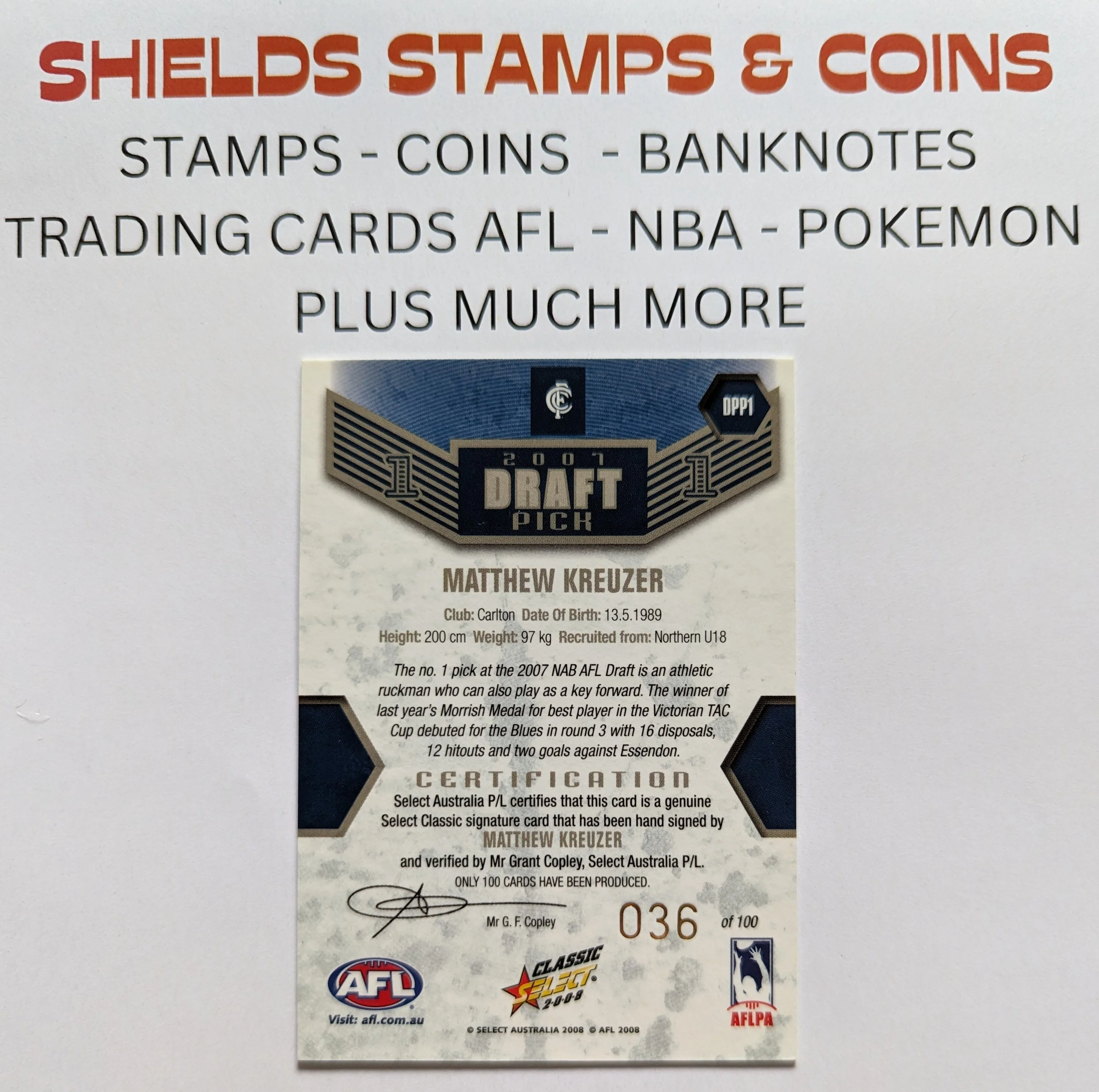 2008 AFL Select Classic Draft Pick 1 Platinum Signature Matthew Kreuzer Carlton - Image 2
