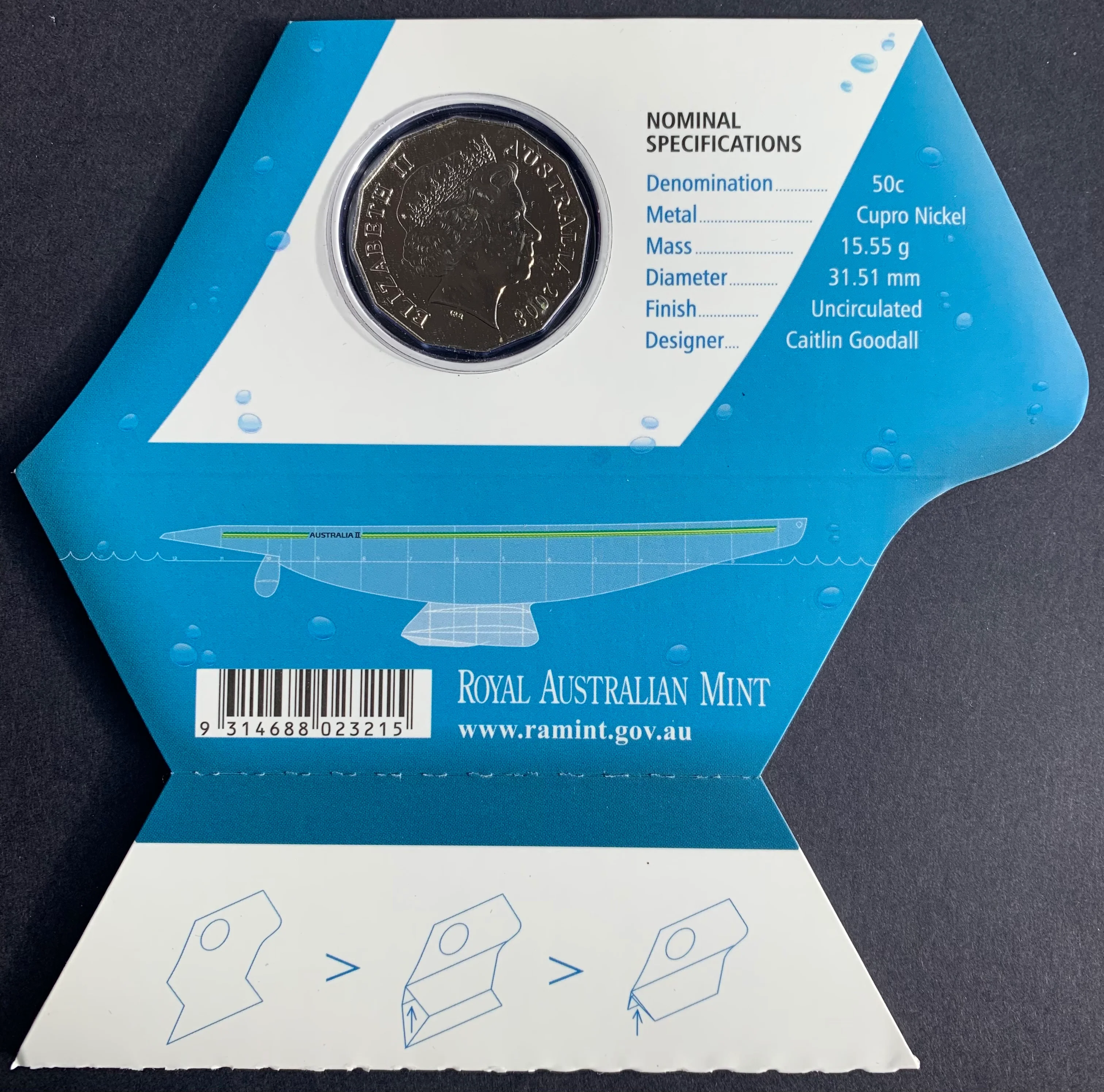Australia 2008 Royal Australian Mint 50c Fifty Cents carded Uncirculated Coin. 25th Anniversary of America's Cup Victory - Image 2