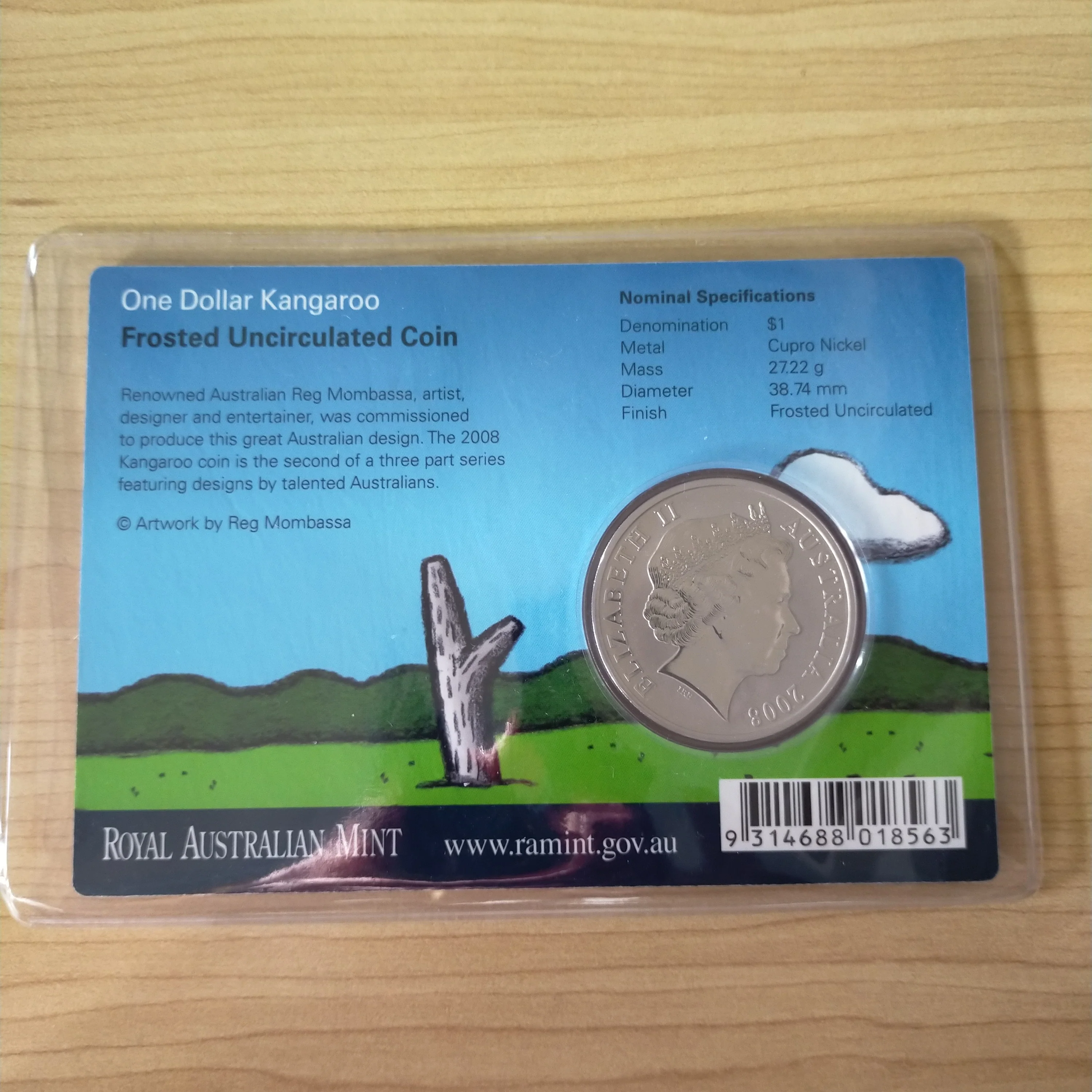 Australia 2008 Royal Australian Mint $1 Kangaroo Reg Mombassa design Frosted Uncirculated Coin - Image 2