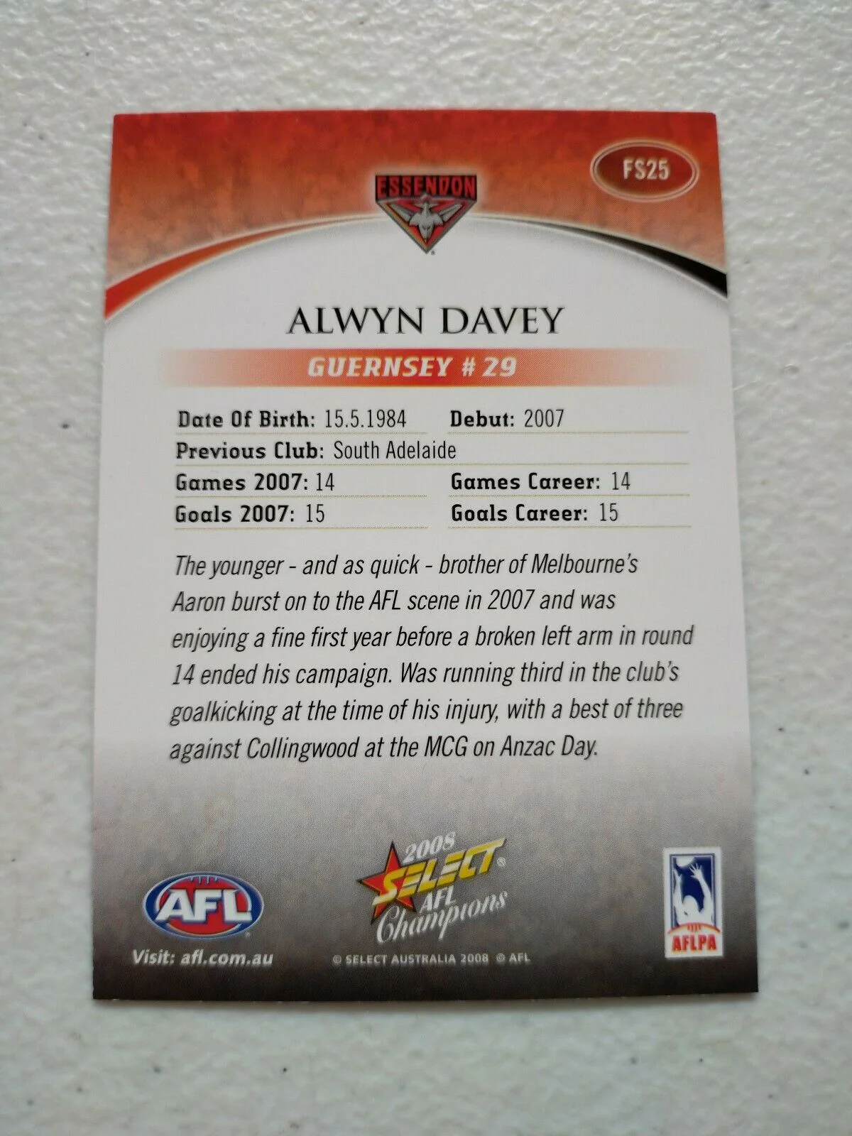 2008 Select AFL Champions Foil Signature Card Alwyn Davey Essendon - Image 2