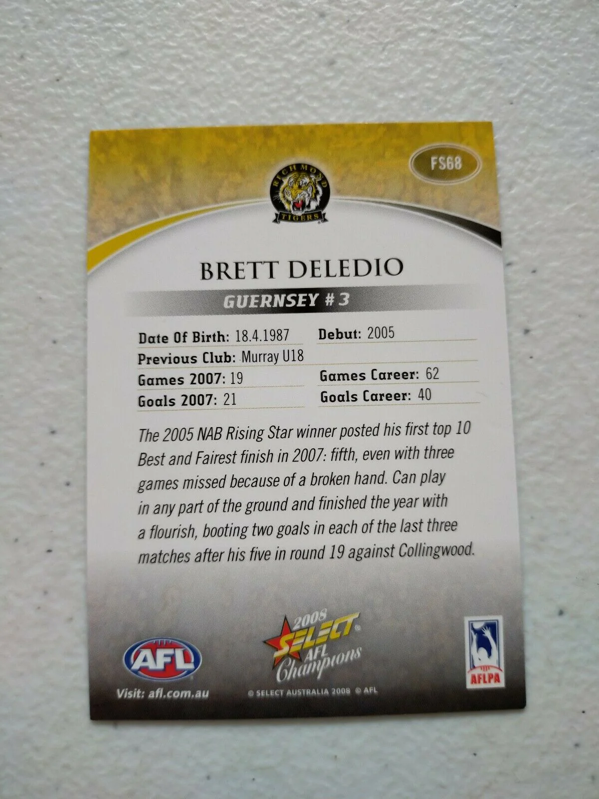 2008 Select AFL Champions Foil Signature Card Brett Deledio Richmond - Image 2