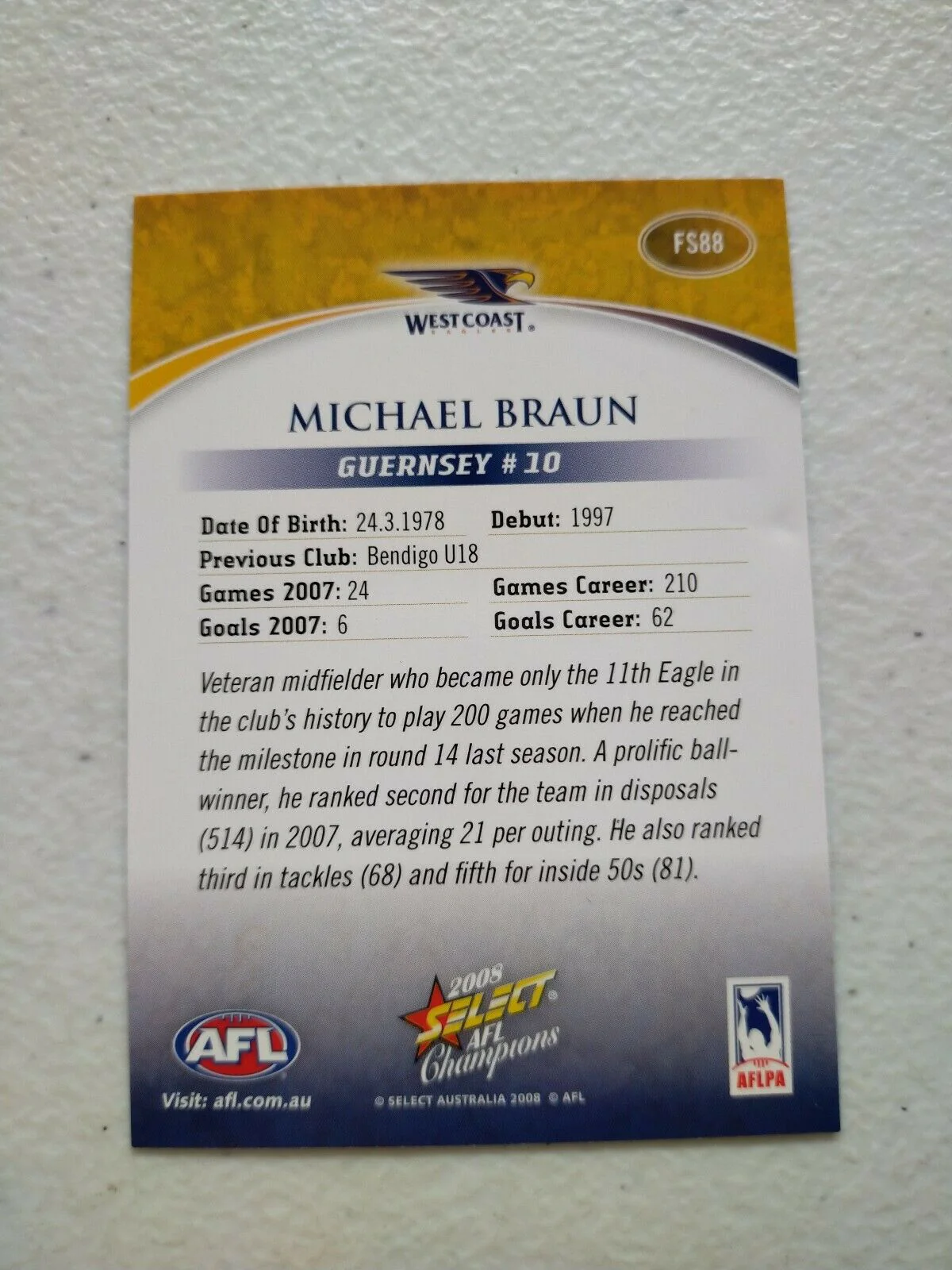 2008 Select AFL Champions Foil Signature Card Michael Braun West Coast - Image 2