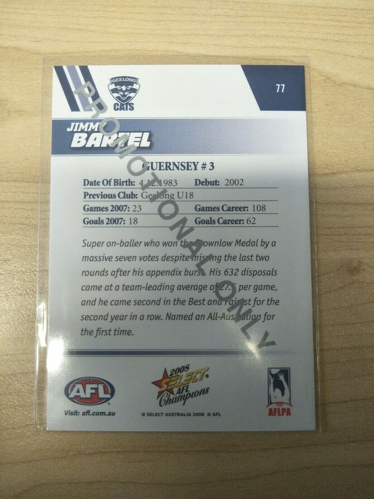 2008 Select AFL Champions Promotional Card Jimmy Bartel Geelong - Image 2