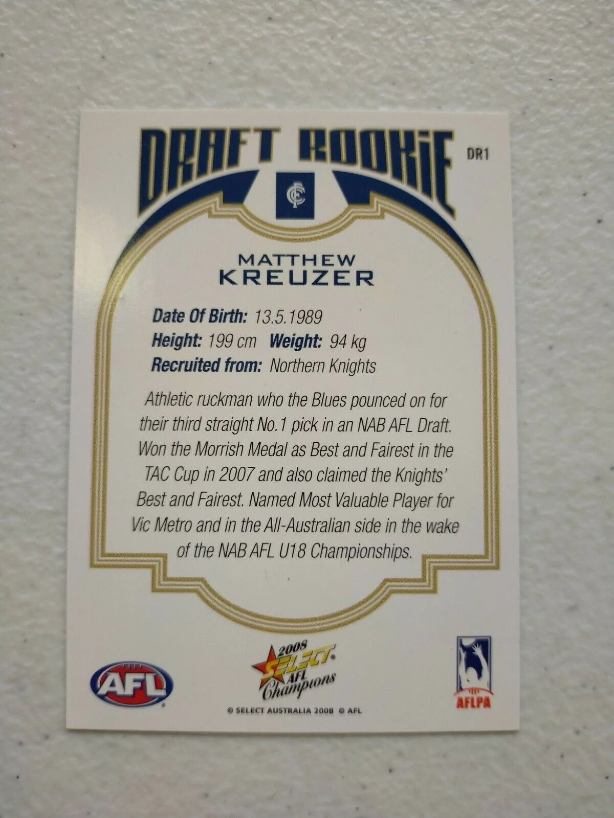 2008 Select Champions Draft Rookie Matthew Kreuzer Carlton - Image 2