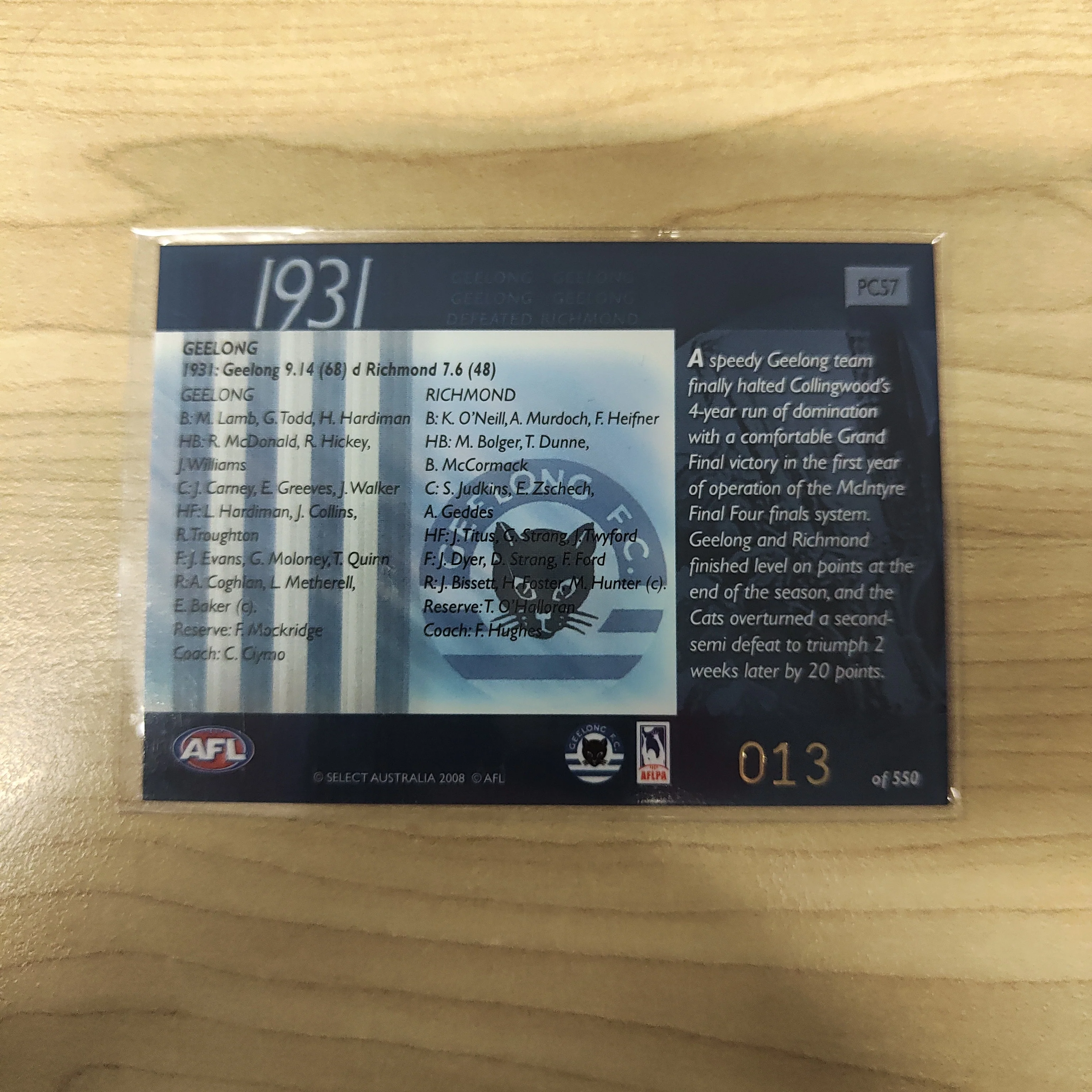 2008 Select Classic 1931 Premiers Geelong No.013 - Image 2
