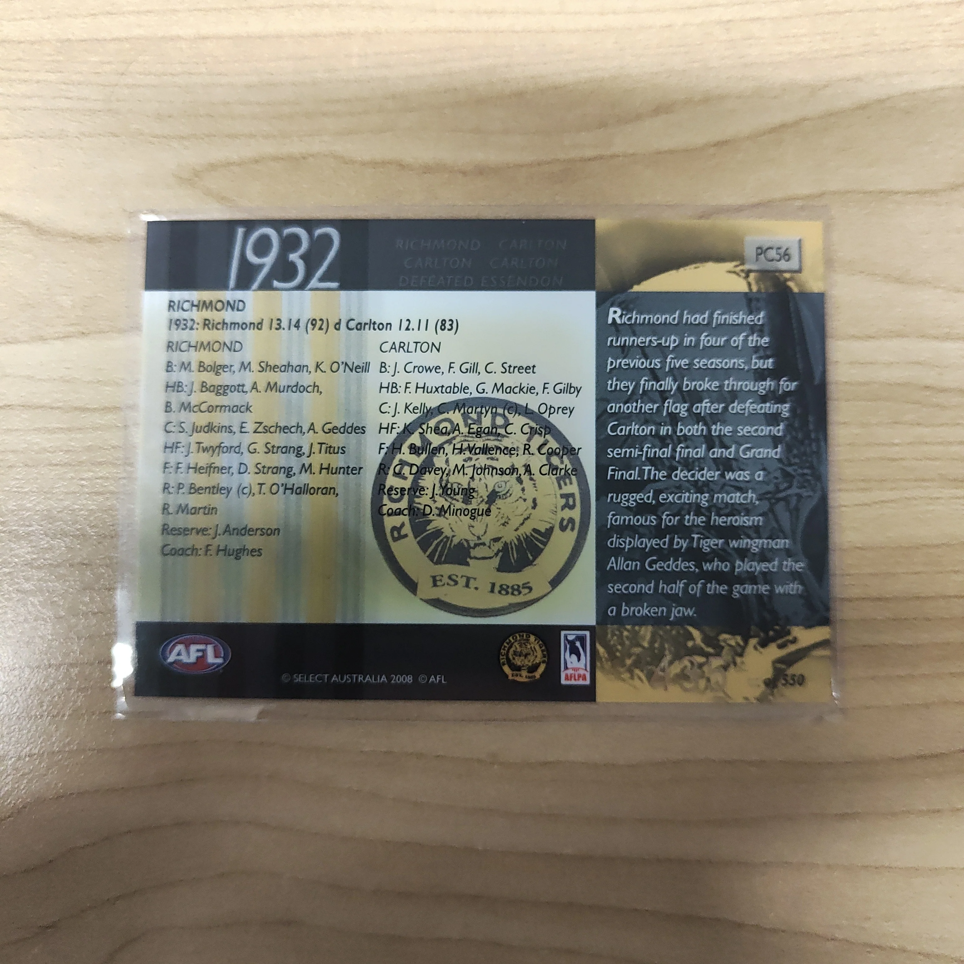 2008 Select Classic 1932 Premiers Richmond No.435 - Image 2