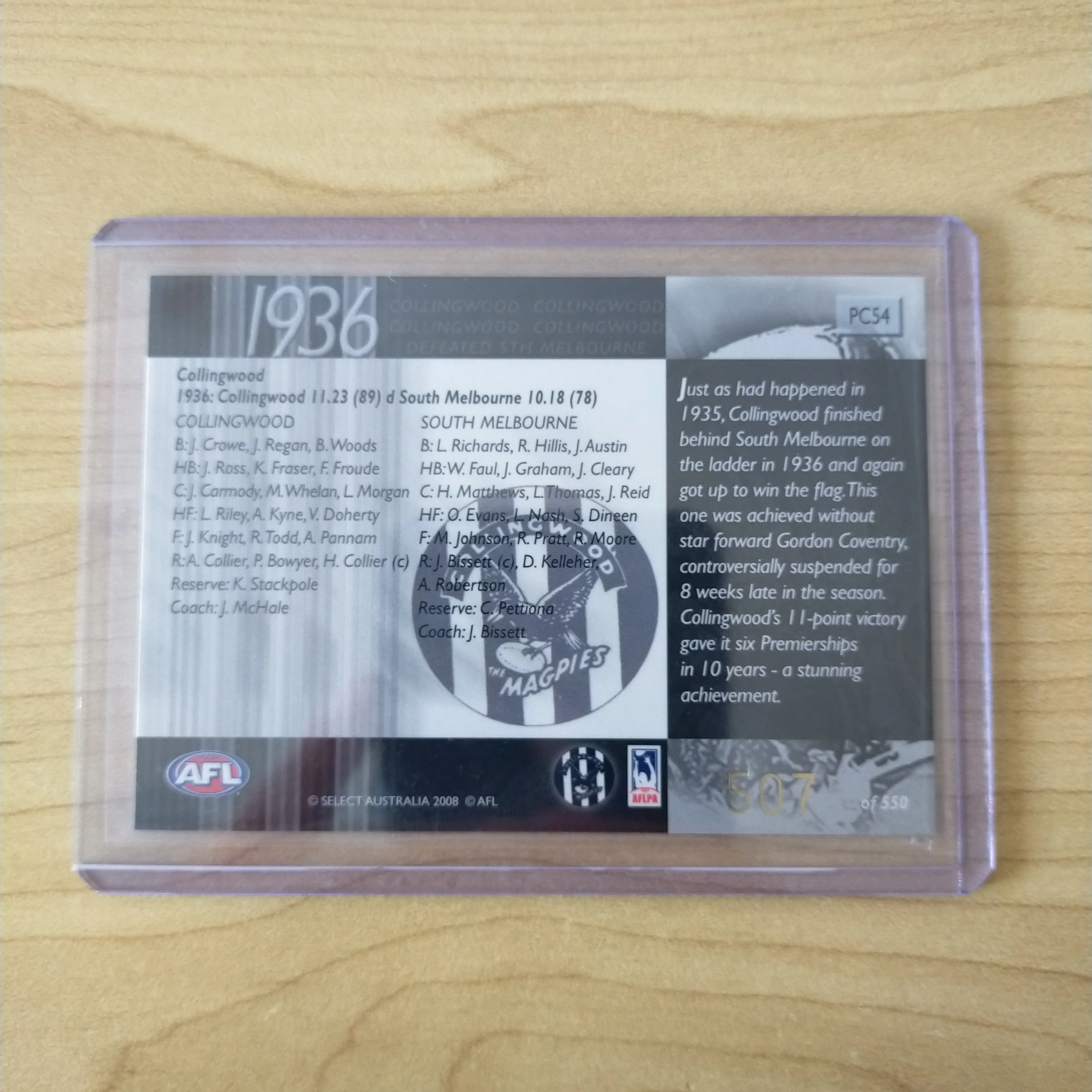 2008 Select Classic 1936 Premiership Commemorative Collingwood No.507 - Image 2