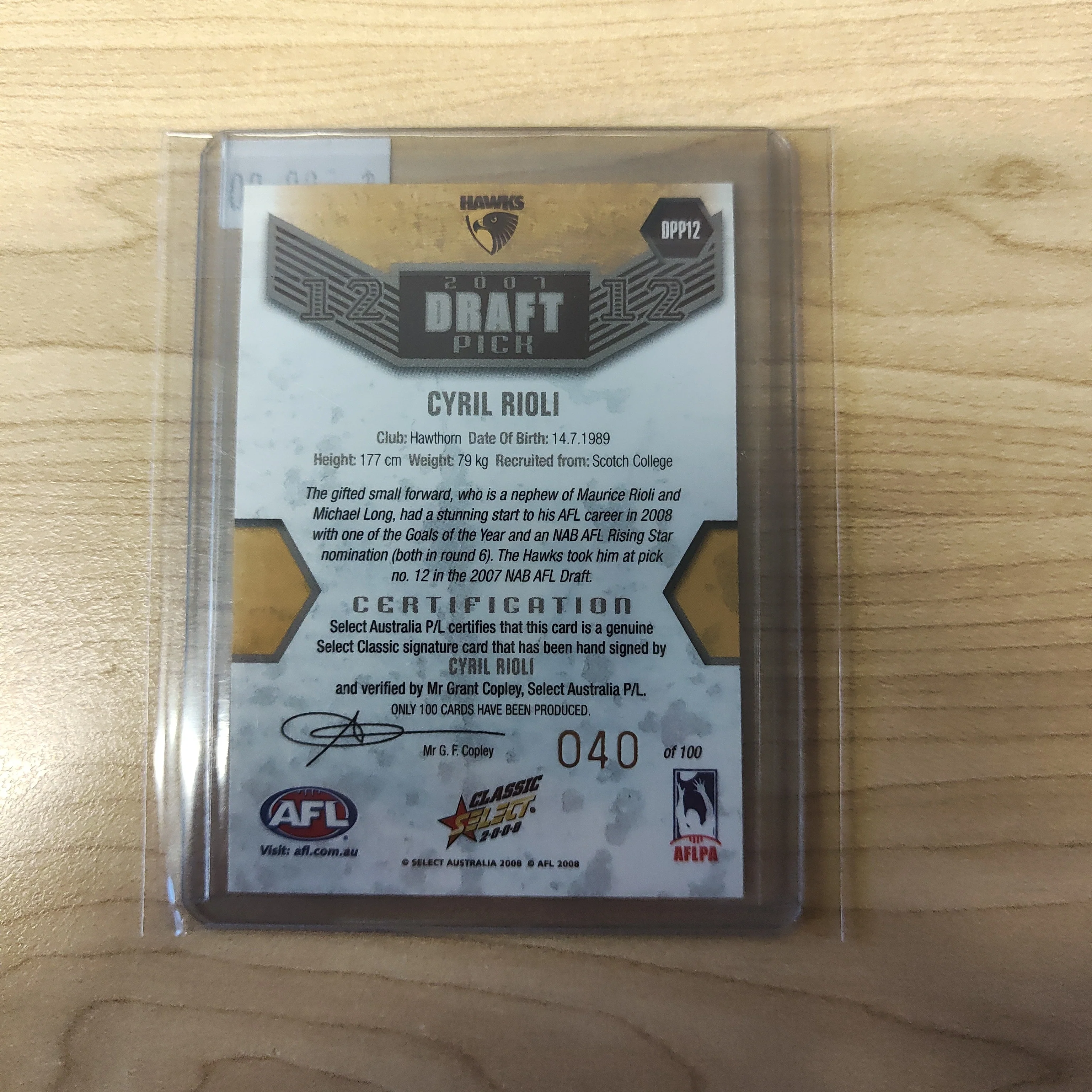 2008 Select Classic Draft Pick Platinum Signature Card Cyril Rioli Hawthorn 040/400 - Image 2