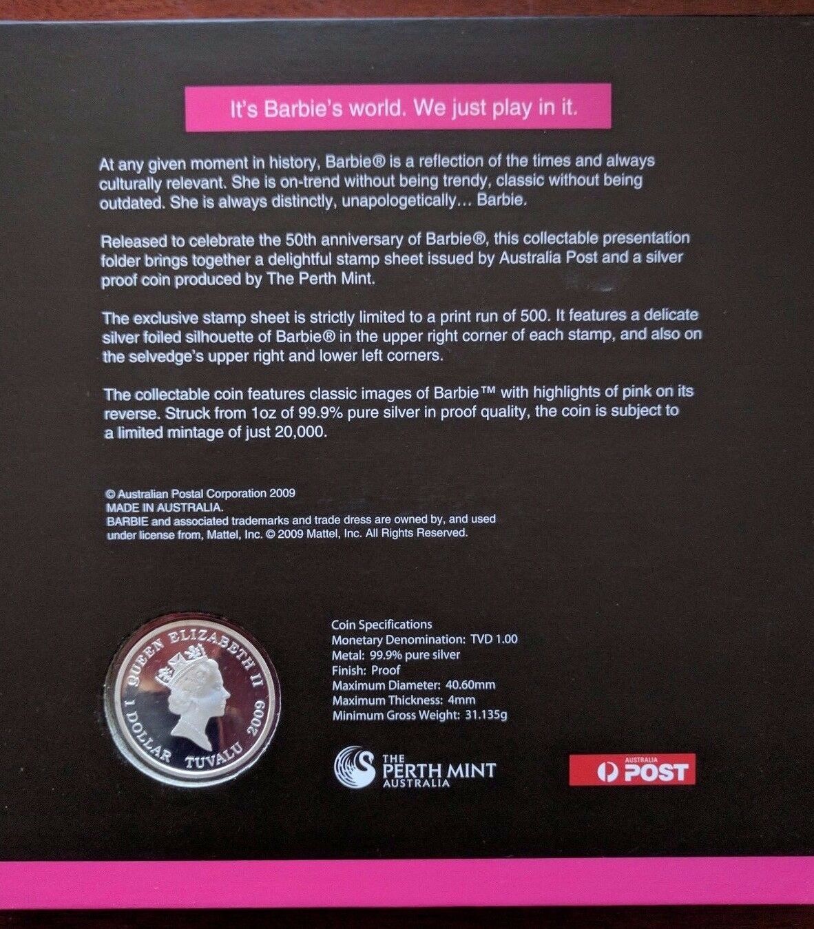 2009 50TH ANNIVERSARY OF BARBIE FOLDER Silver Coin and Stamps Limited 049/500 - Image 7
