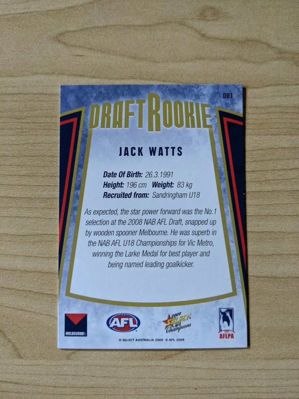 2009 AFL Select Champions Draft Rookie DR1 Jack Watts Melbourne - Image 2