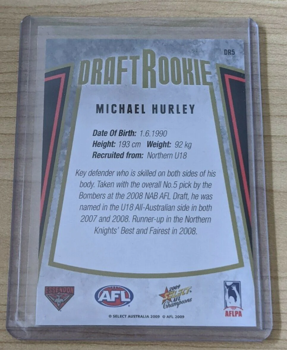 2009 AFL Select CHAMPIONS DRAFT ROOKIE MICHAEL HURLEY ESSENDON Bombers DR5 - Image 2