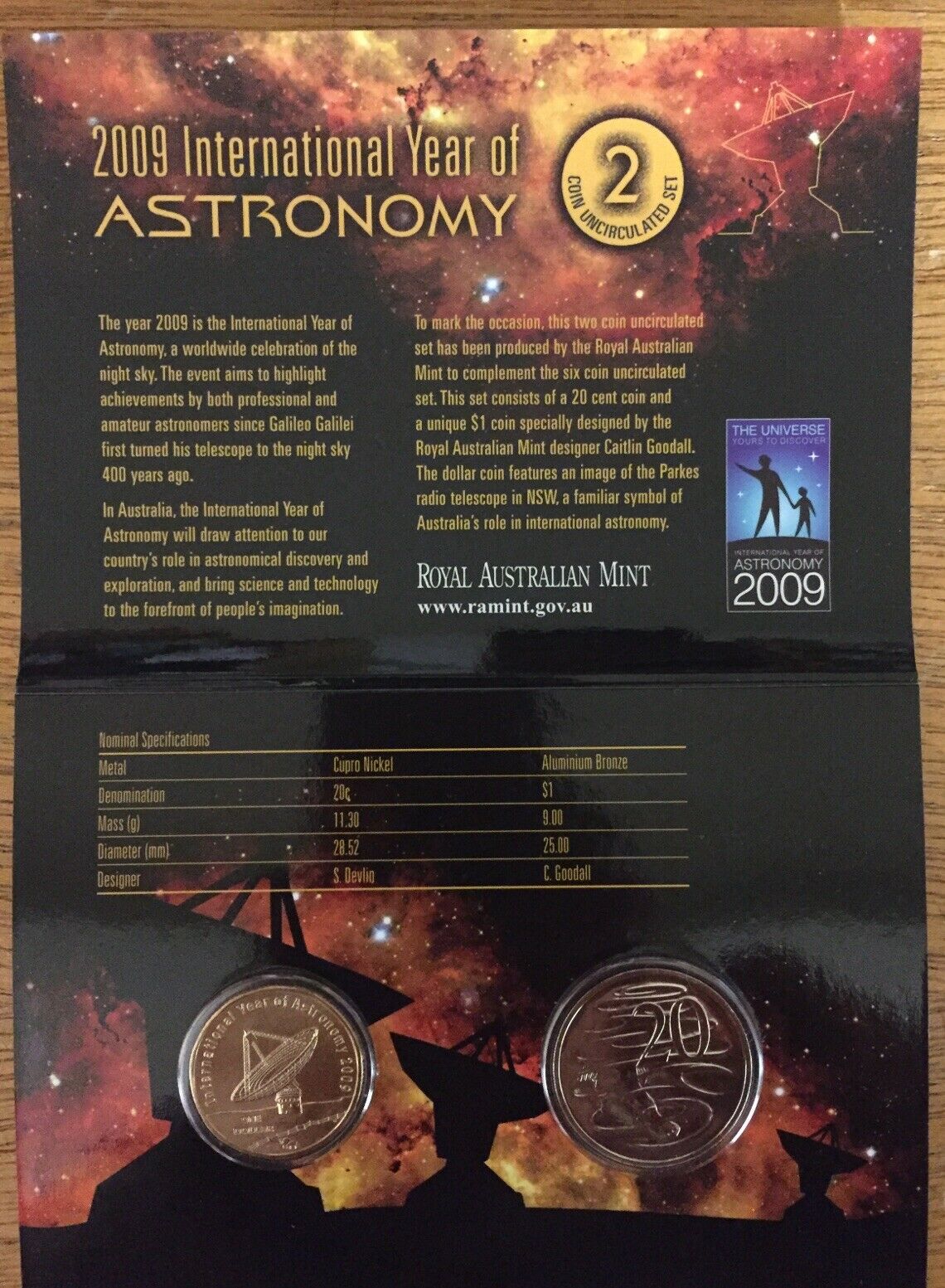2009 RAM International Year of Astronomy 2 Coin Uncirculated Set 20c & $1 - Image 3