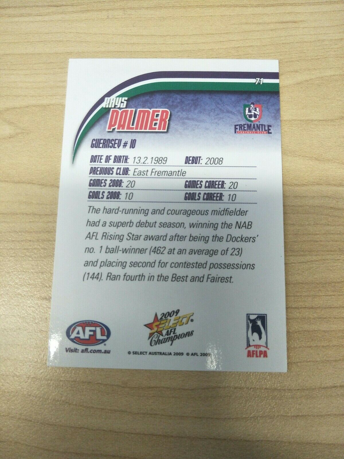2009 Select AFL Champions Promotional Card Rhys Palmer Fremantle - Image 2