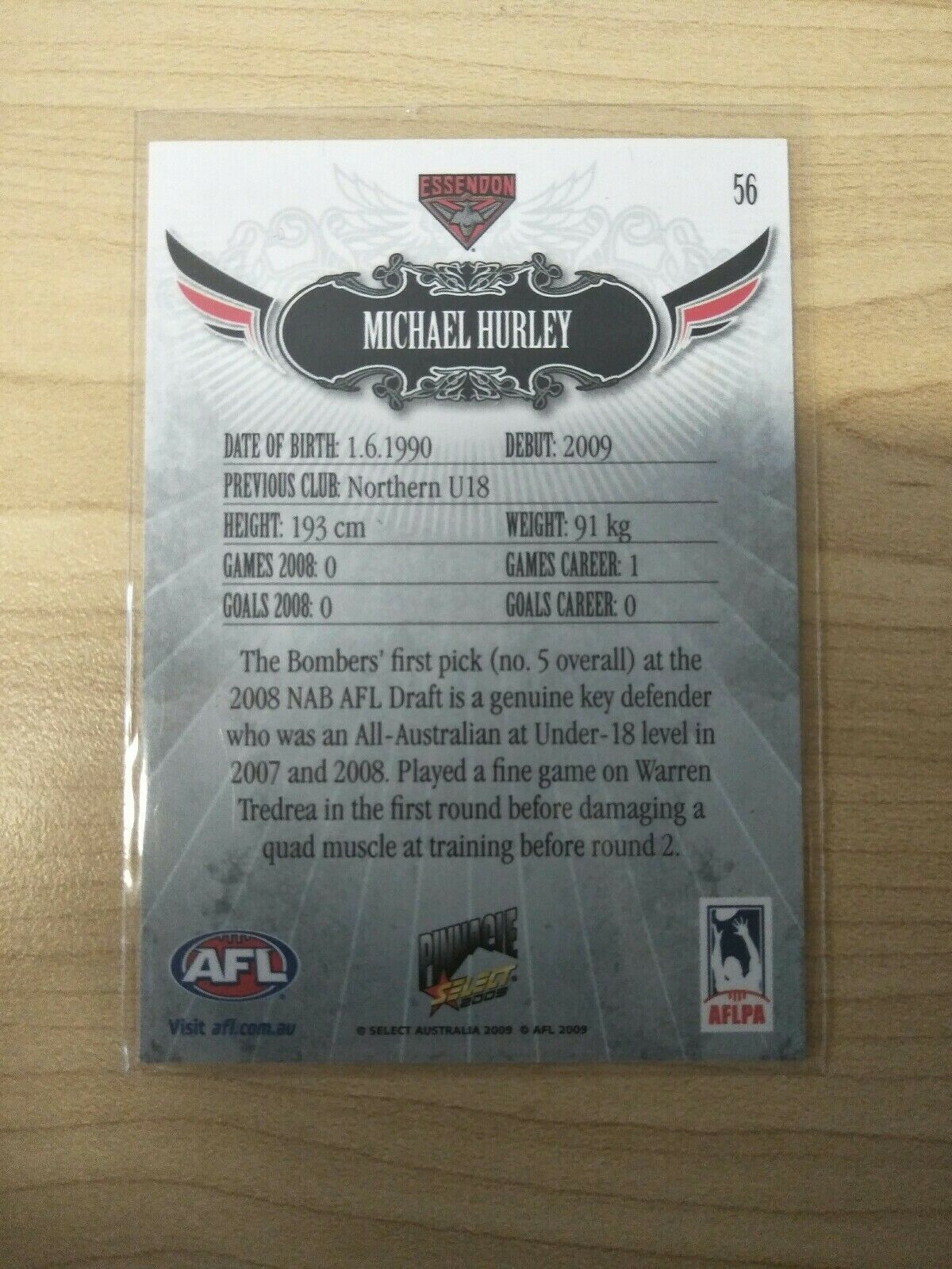 2009 Select AFL Pinnacle Promotional Card Michael Hurley Essendon - Image 2