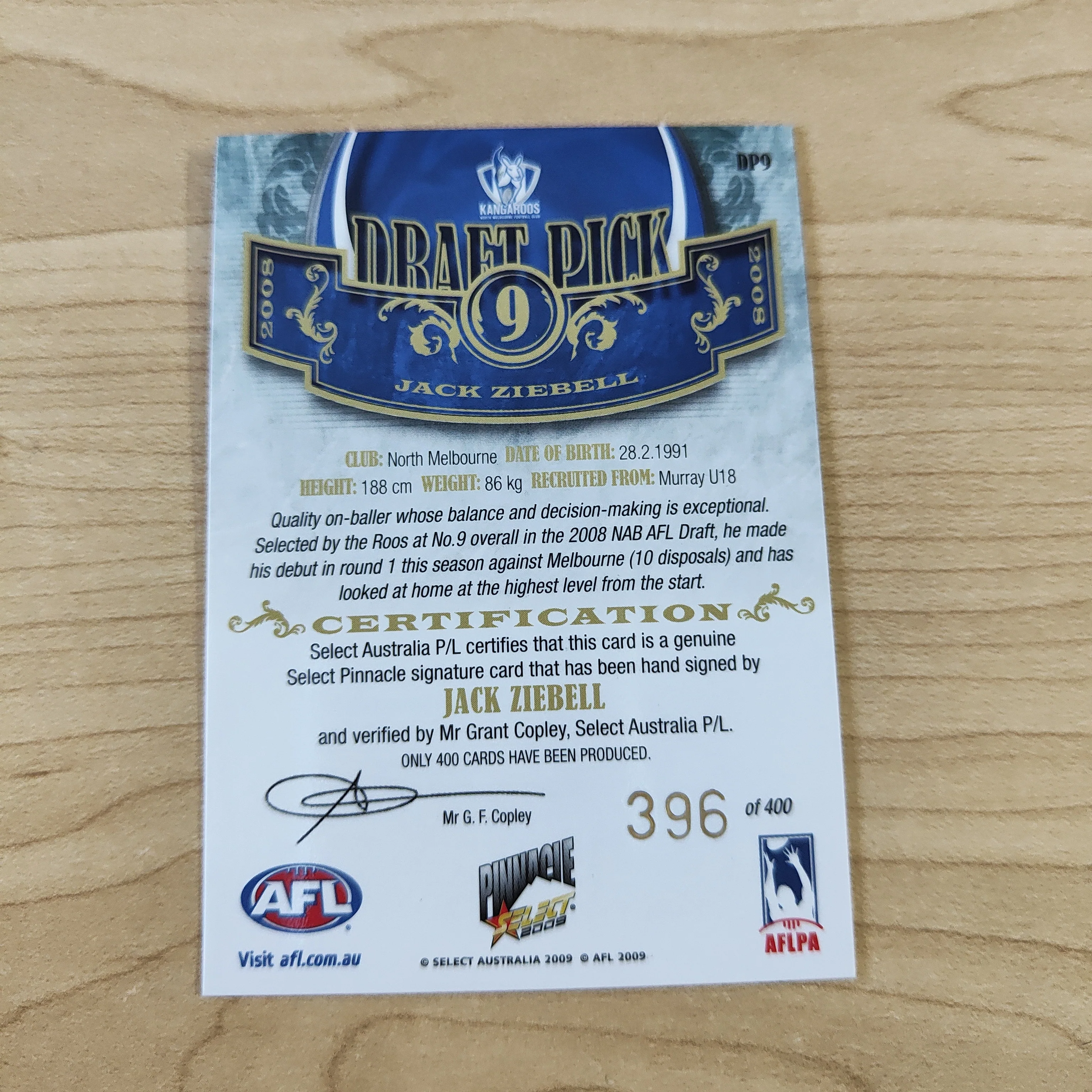 2009 Select Pinnacle Draft Pick Signature Jack Ziebell North Melbourne No. 396/400 - Image 2