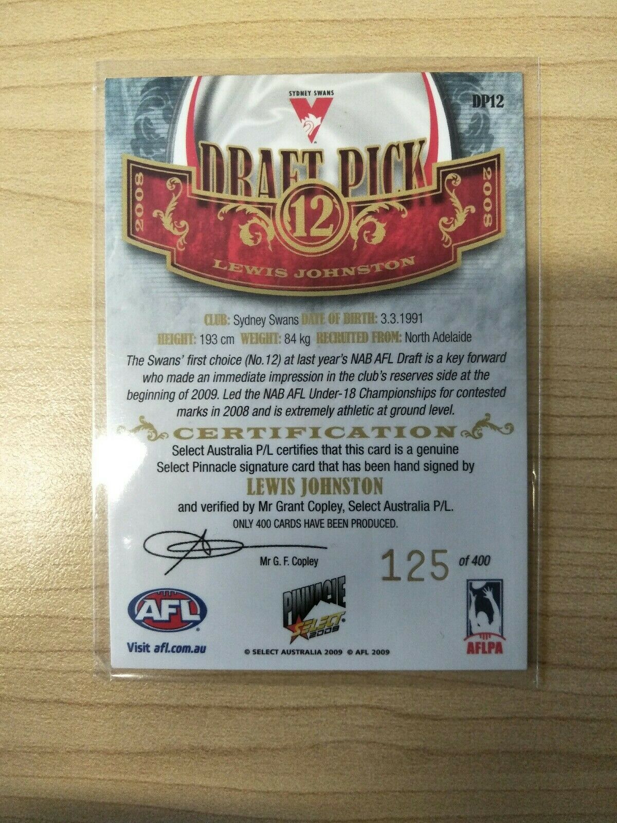 2009 Select Pinnacle Draft Pick Signature Lewis Johnston Sydney No. 125/400 - Image 2
