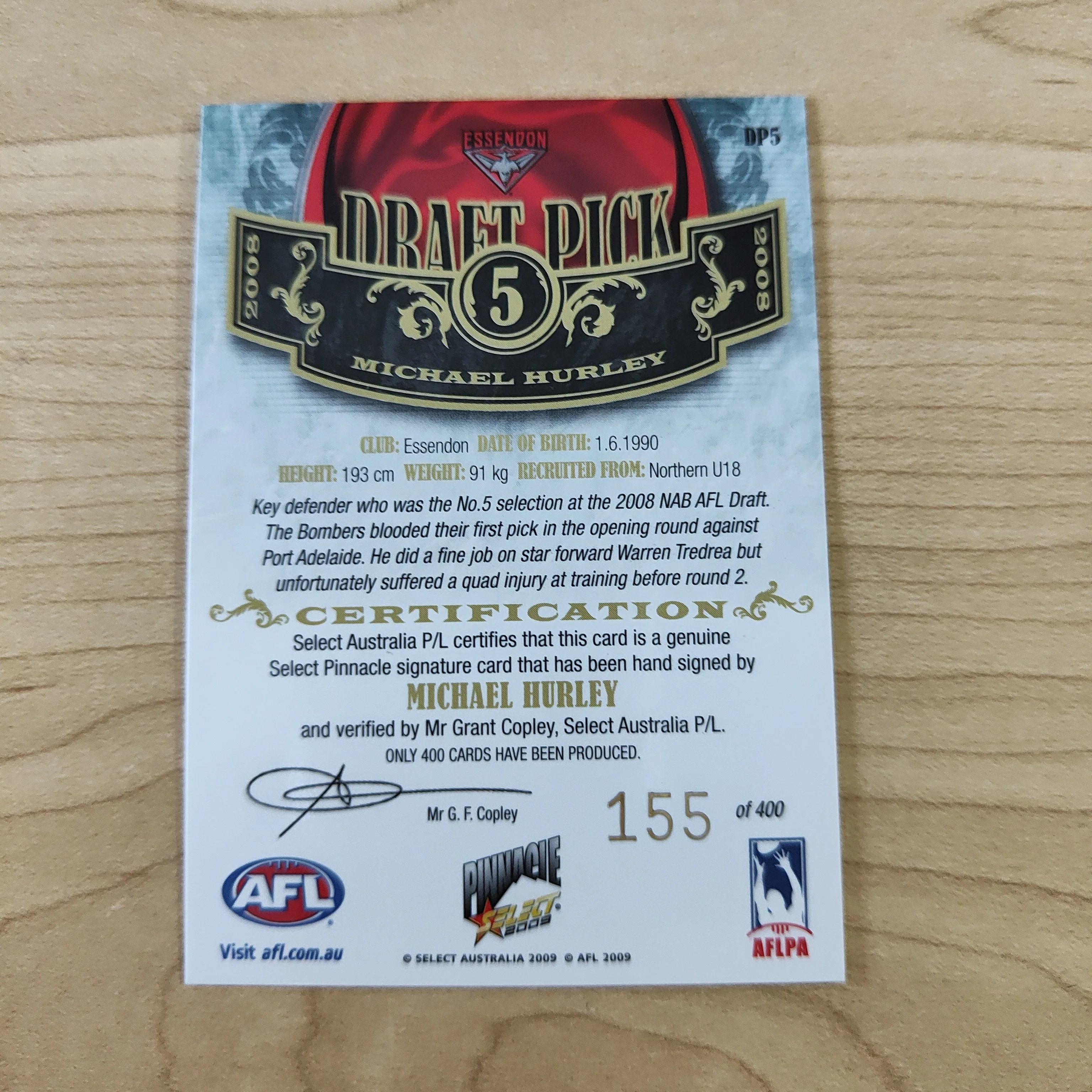 2009 Select Pinnacle Draft Pick Signature Michael Hurley Essendon No. 155/400 - Image 2