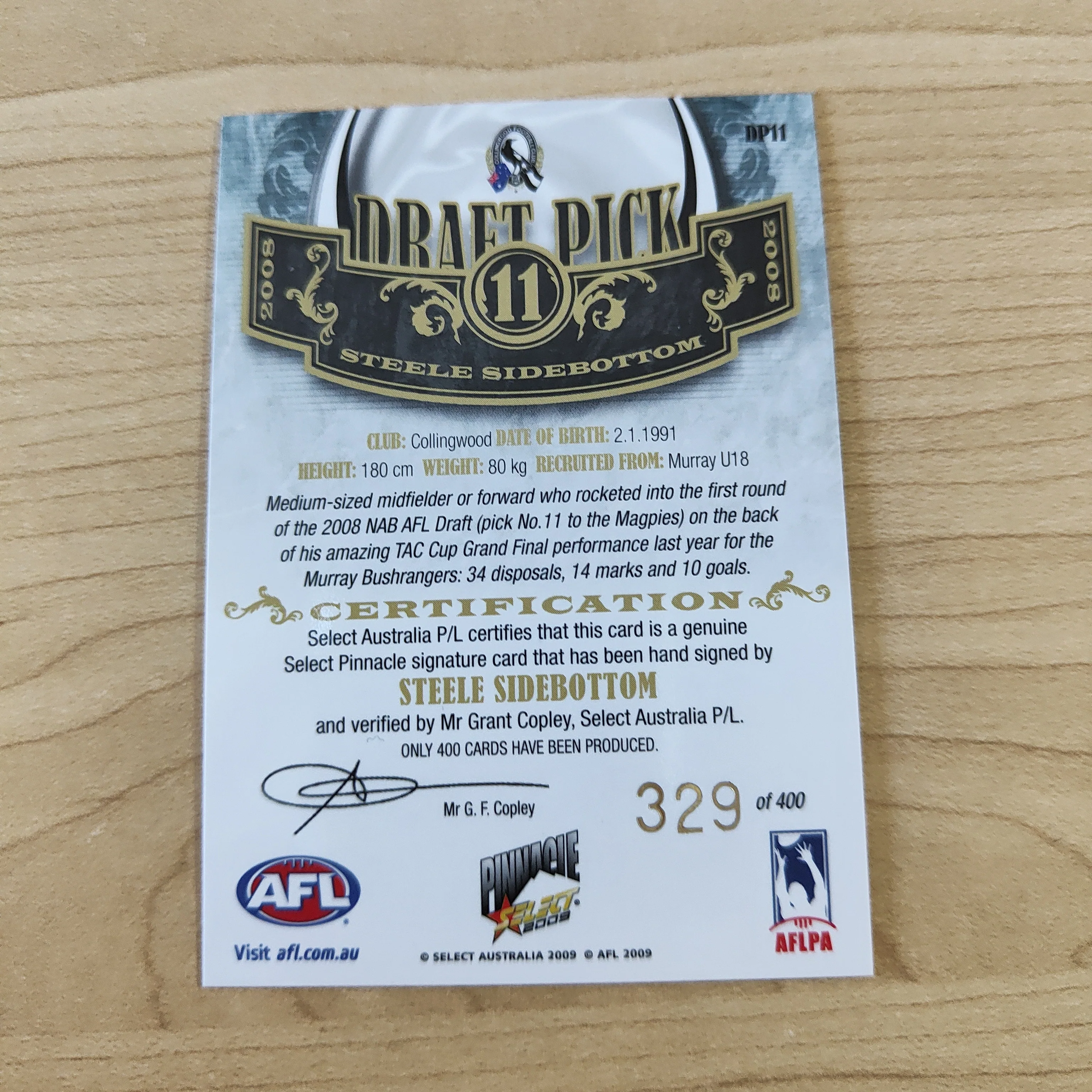 2009 Select Pinnacle Draft Pick Signature Steele Sidebottom Collingwood No. 329/400 - Image 2