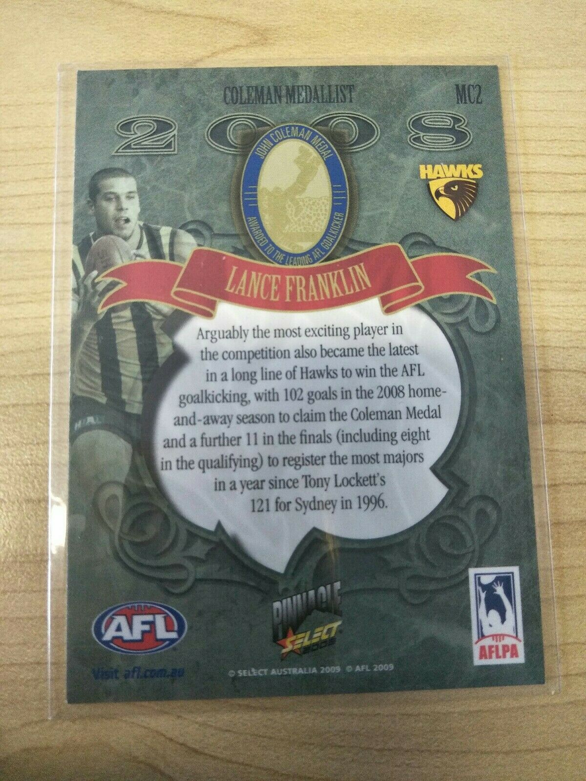 2009 Select Pinnacle Lance Franklin Hawthorn Medal Card Coleman Medal - Image 2
