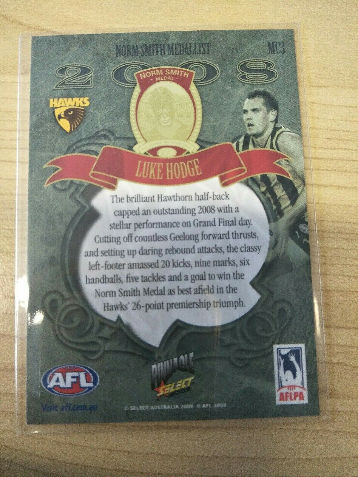 2009 Select Pinnacle Luke Hodge Hawthorn Medal Card Norm Smith Medal - Image 2