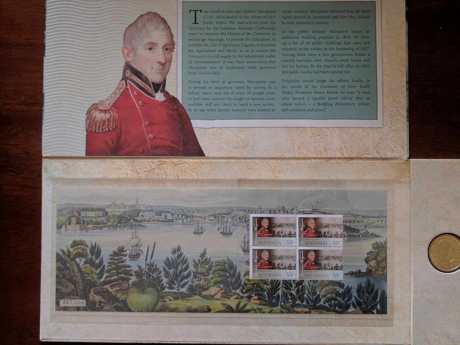 2010 $1 Lachlan Macquarie Coin Stamp Presentation Folder Limited Edition 267/500 - Image 3