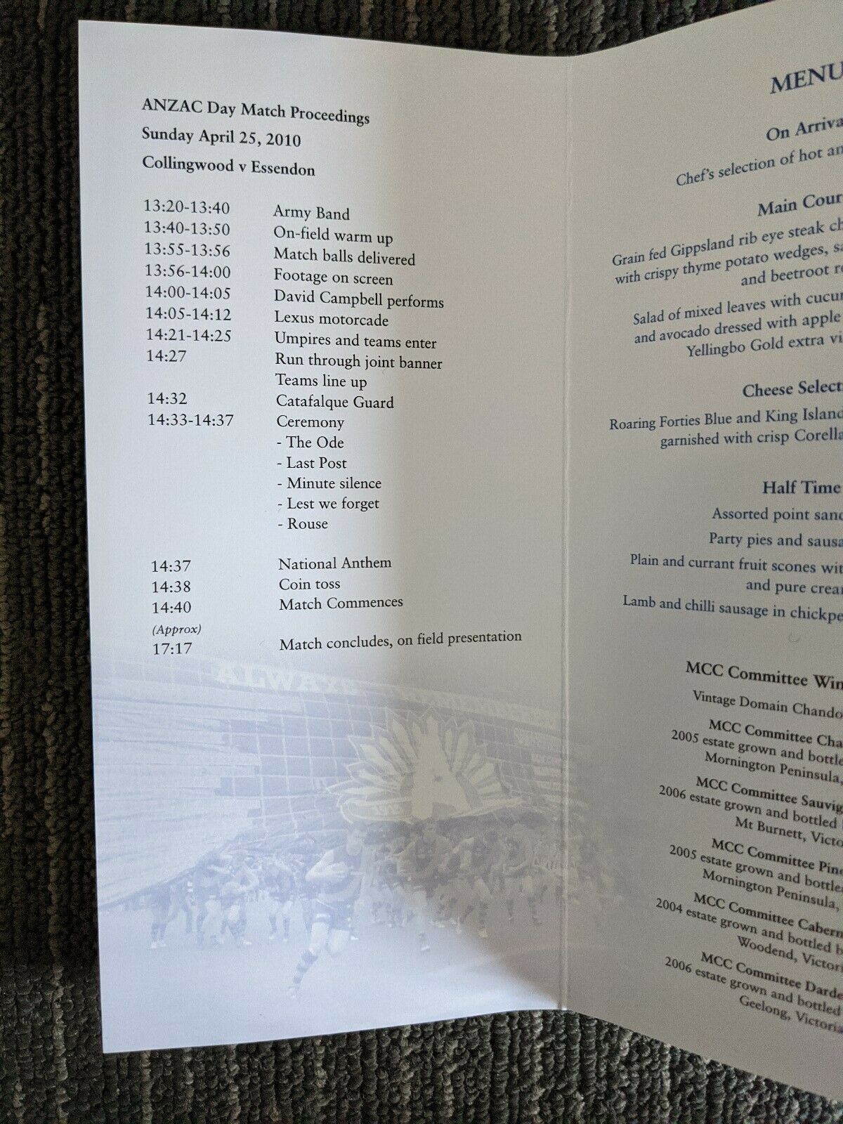 2010 AFL 25th April MCG ANZAC Day Lunch Menu, Collingwood vs Essendon - Image 2