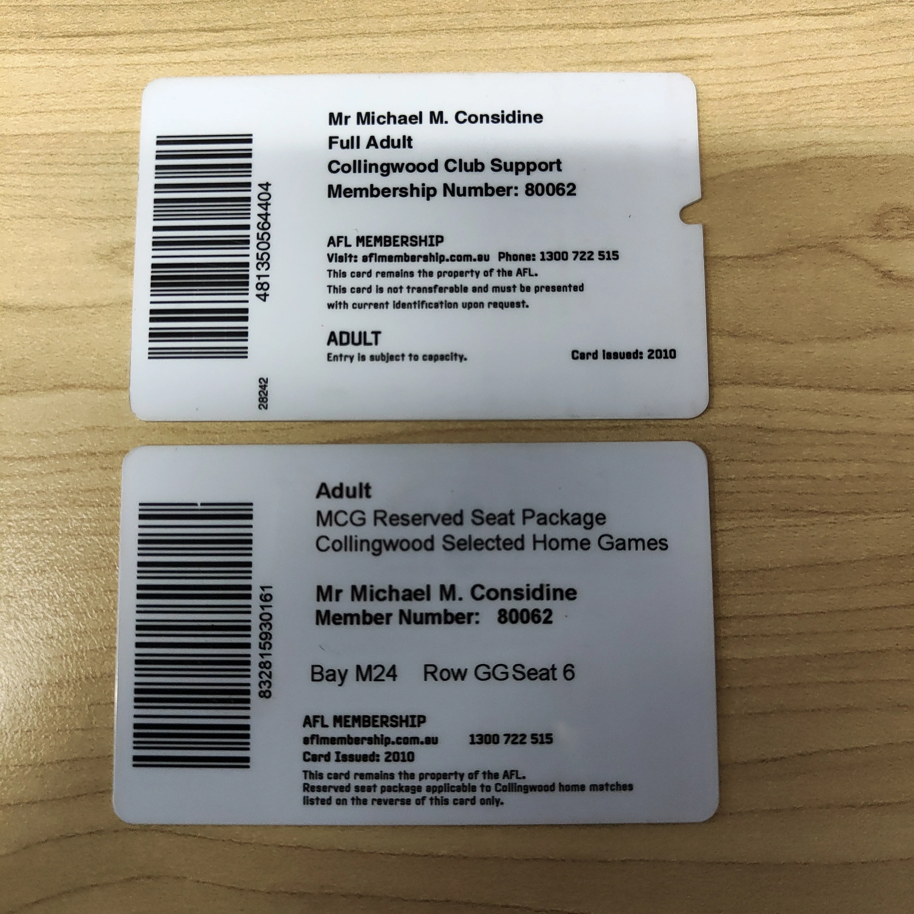 2010 AFL Collingwood Football Club Total Game Membership Full Member and Home Game Reserved Seat Cards - Image 2