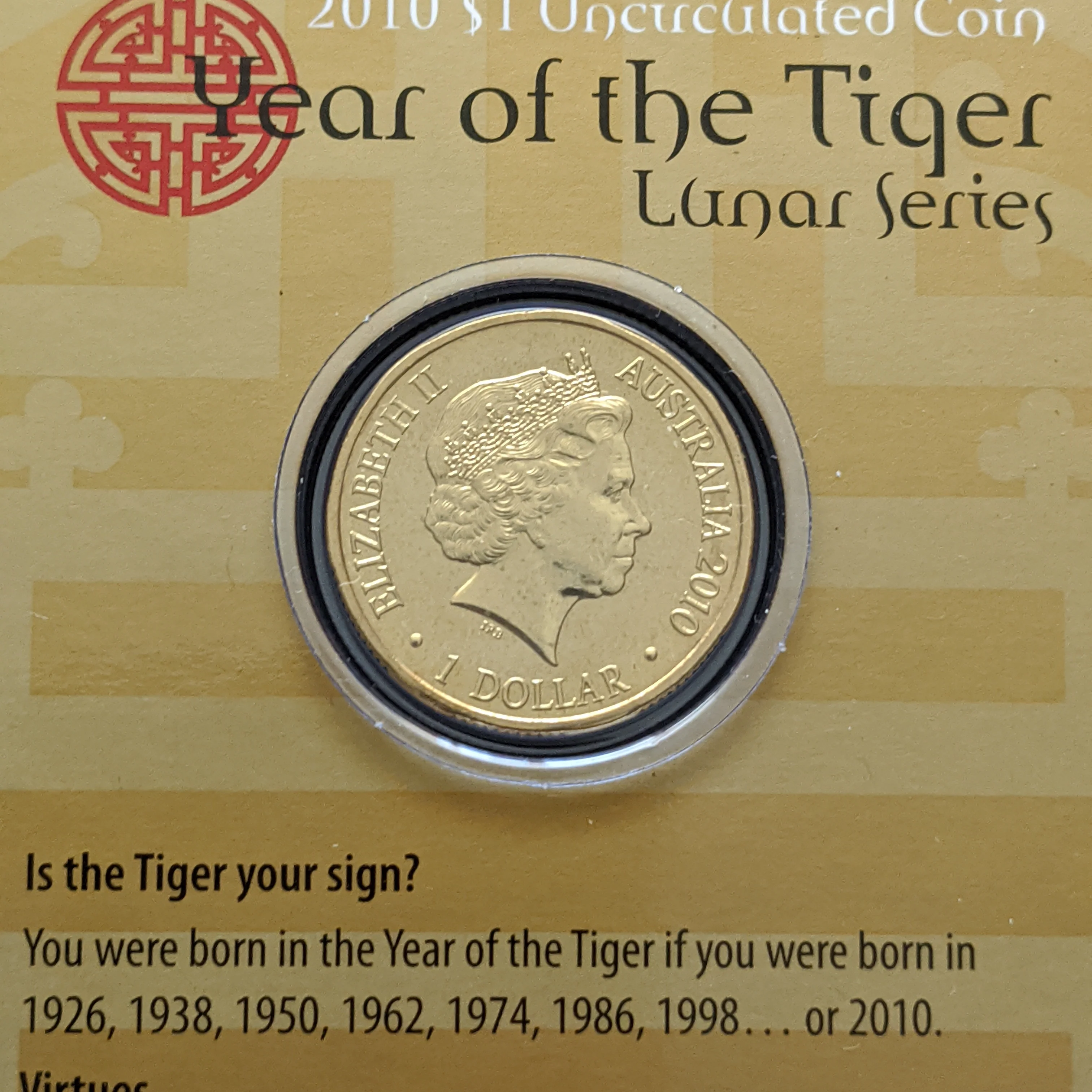 Australia 2010 Royal Australian Mint One Dollar $1 Lunar New Year of the Tiger Lunar Coin - Image 3